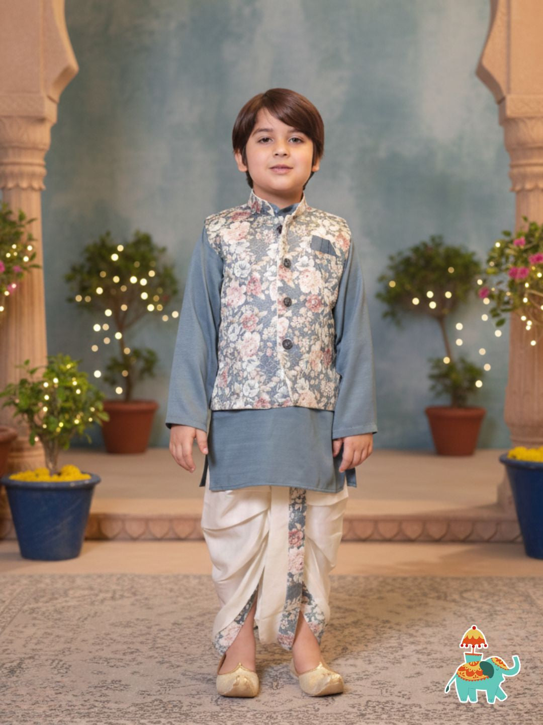Grey Cotton Full Sleeves Floral Printed Dhoti Set