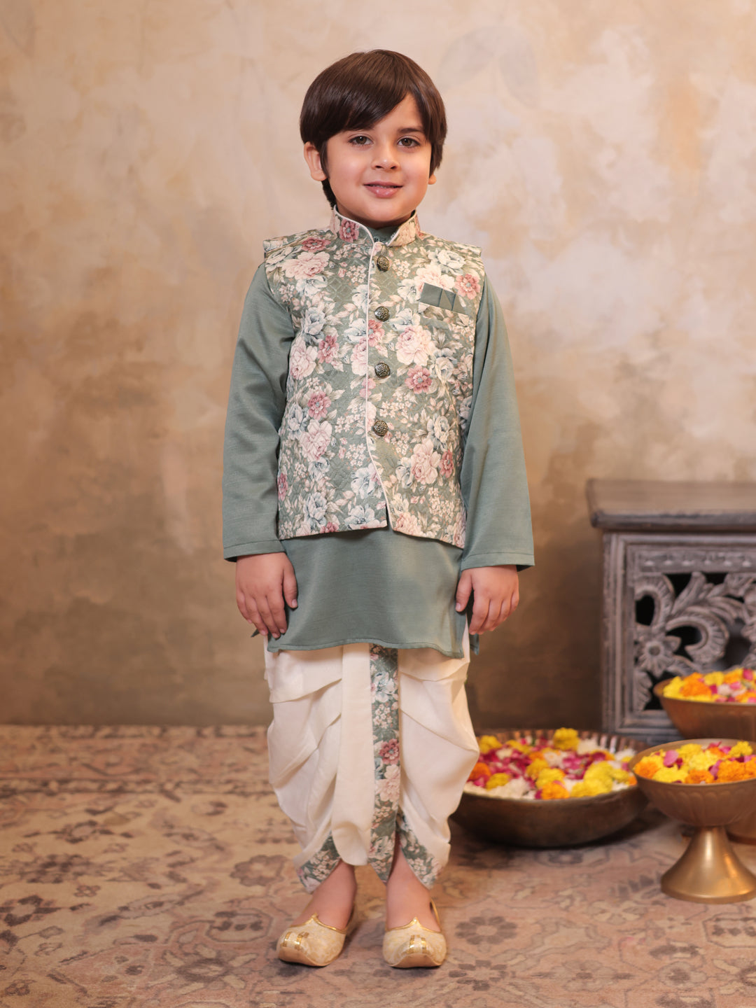 Green Cotton Full Sleeves Floral Printed Dhoti Set