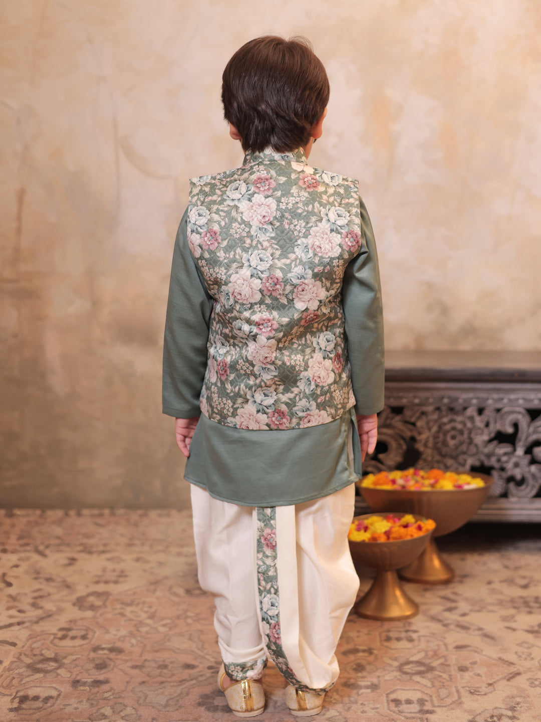 Green Cotton Full Sleeves Floral Printed Dhoti Set