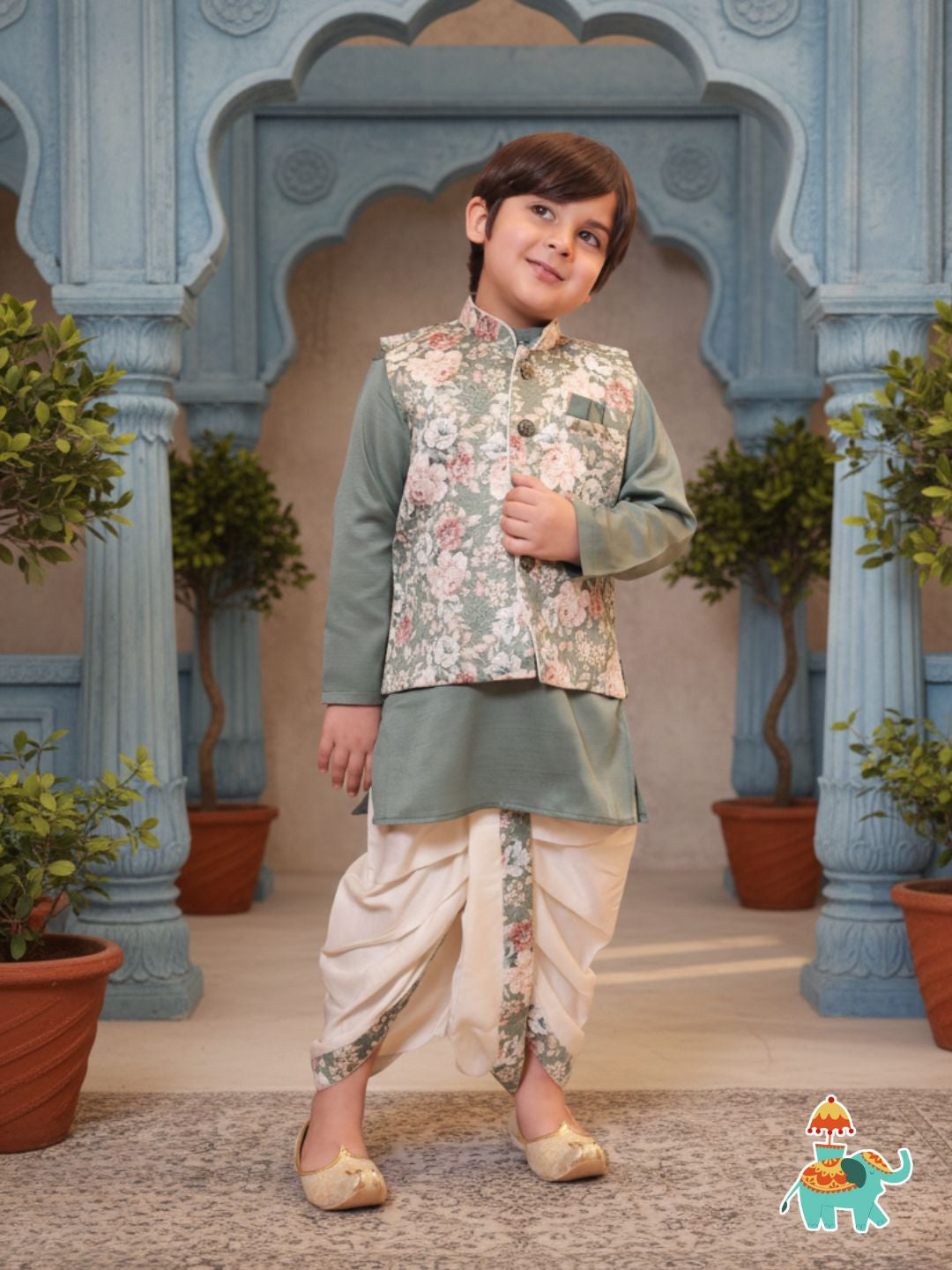 Green Cotton Full Sleeves Floral Printed Dhoti Set