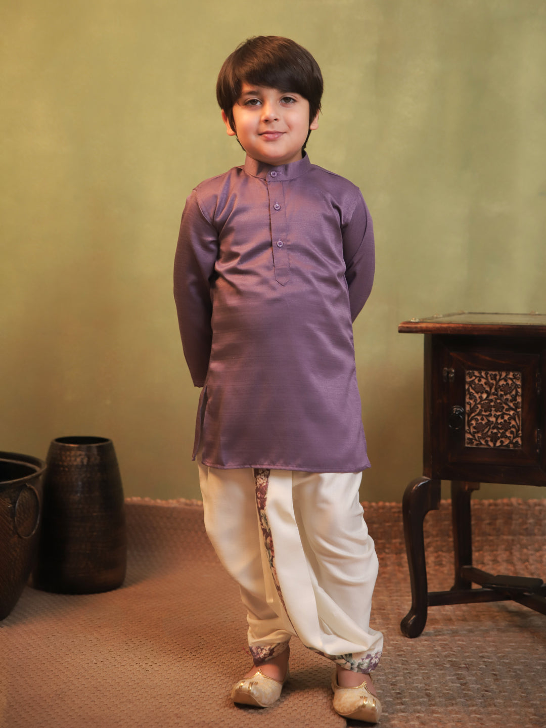 Purple Cotton Full Sleeves Floral Printed Dhoti Set