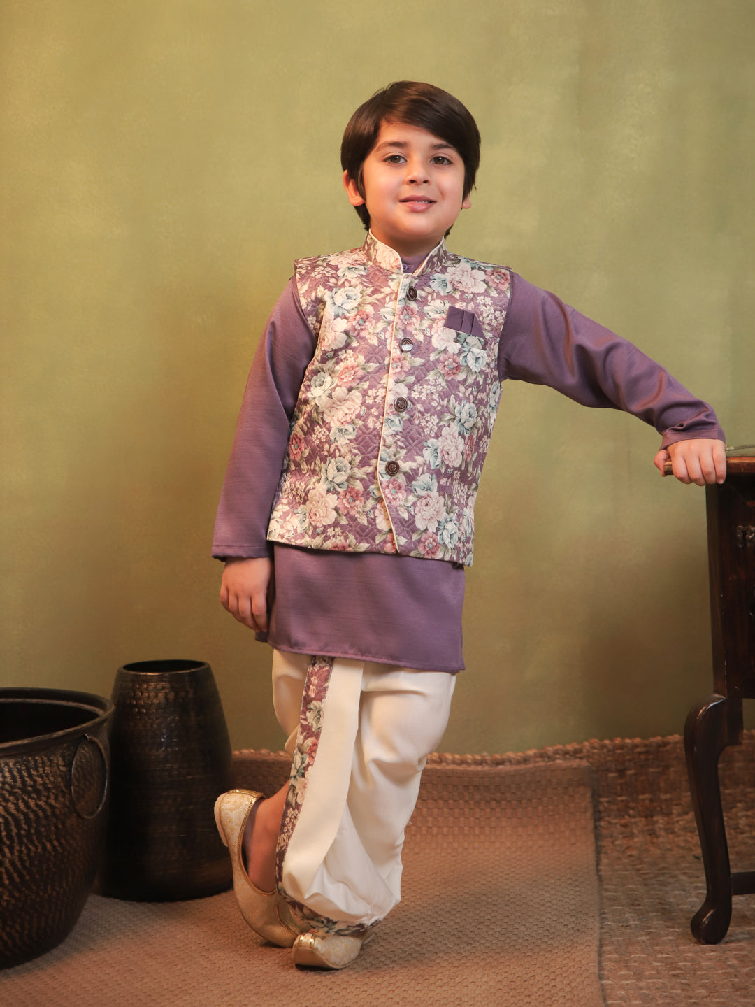 Purple Cotton Full Sleeves Floral Printed Dhoti Set