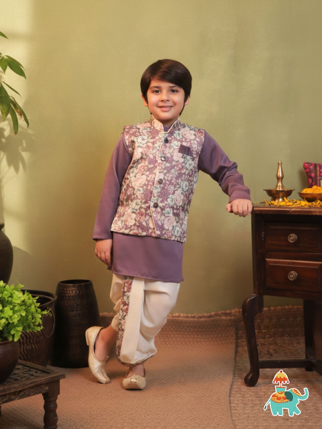 Purple Cotton Full Sleeves Floral Printed Dhoti Set