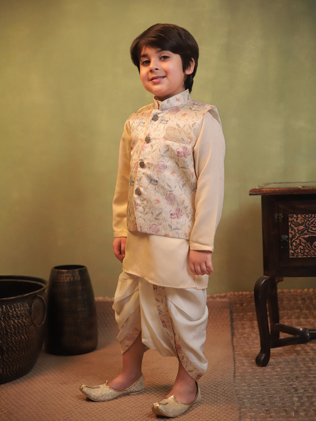Yellow Cotton Full Sleeves Floral Printed Dhoti Set