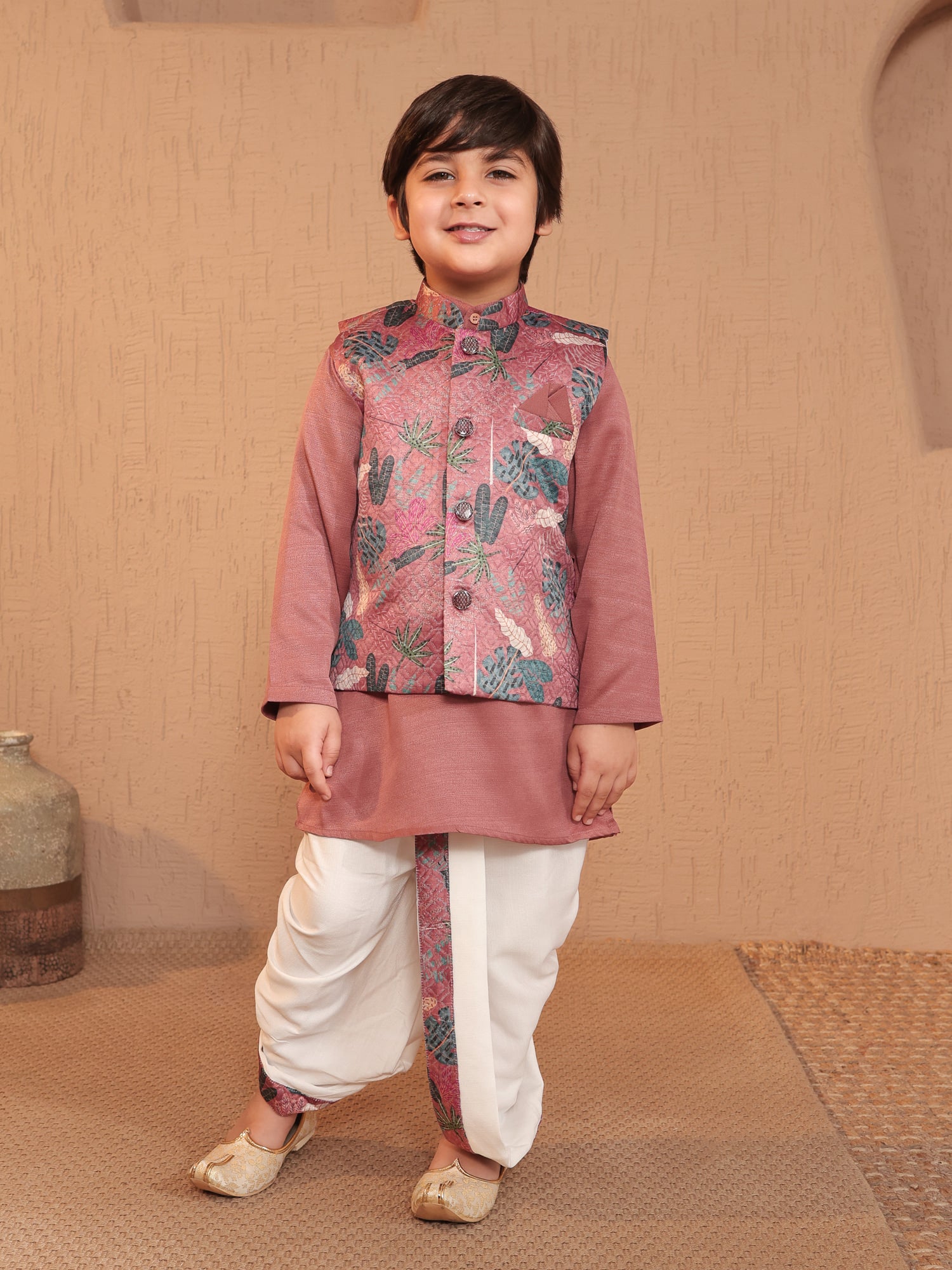 Pink Cotton Full Sleeves Floral Printed Dhoti Set