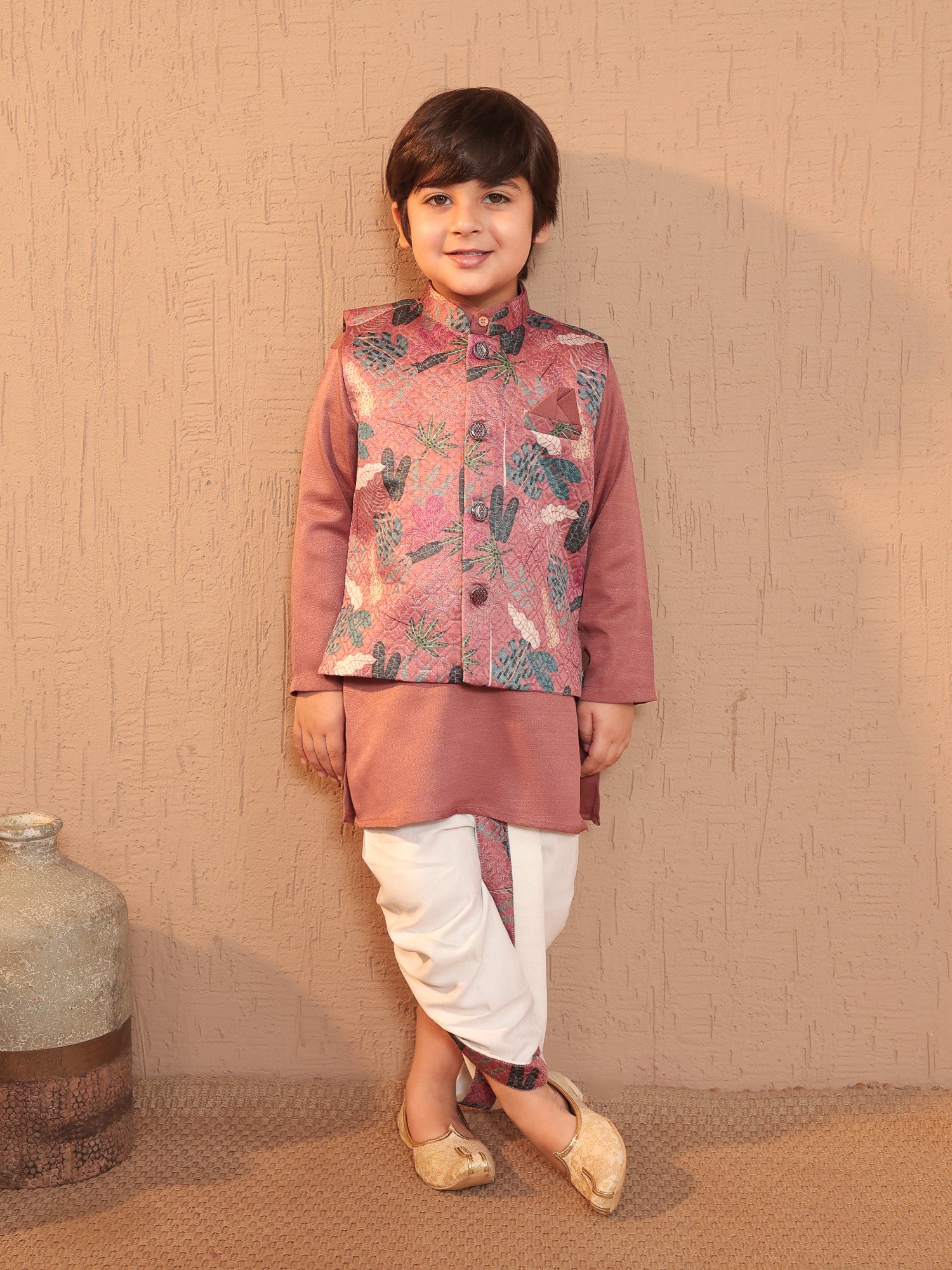 Pink Cotton Full Sleeves Floral Printed Dhoti Set