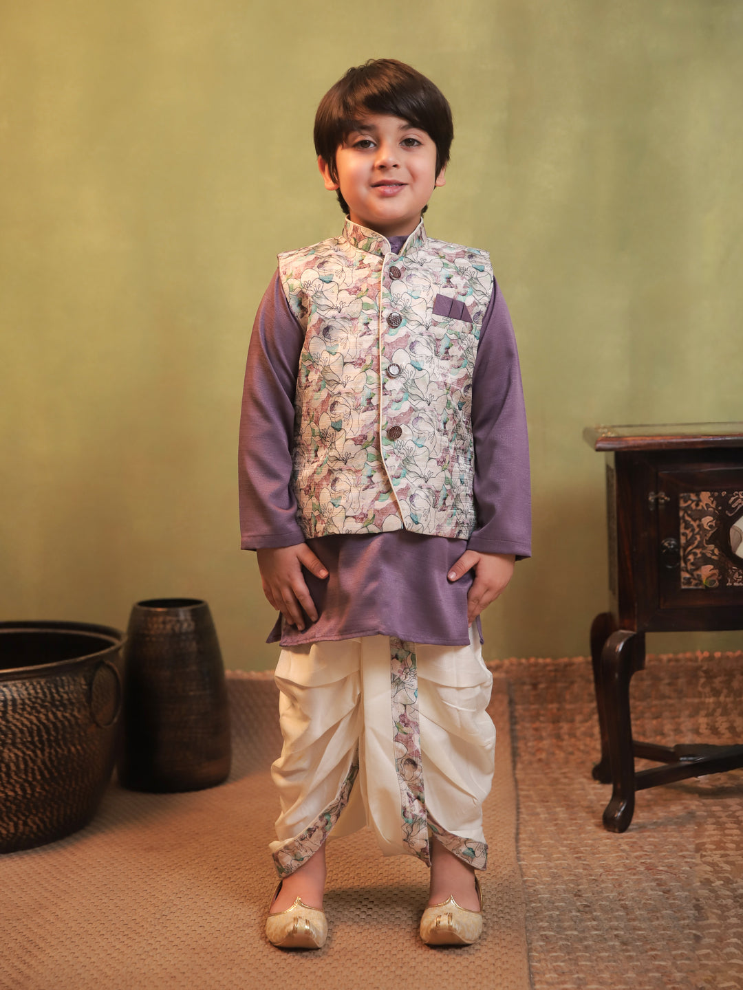 Purple Cotton Full Sleeves Floral Printed Dhoti Set