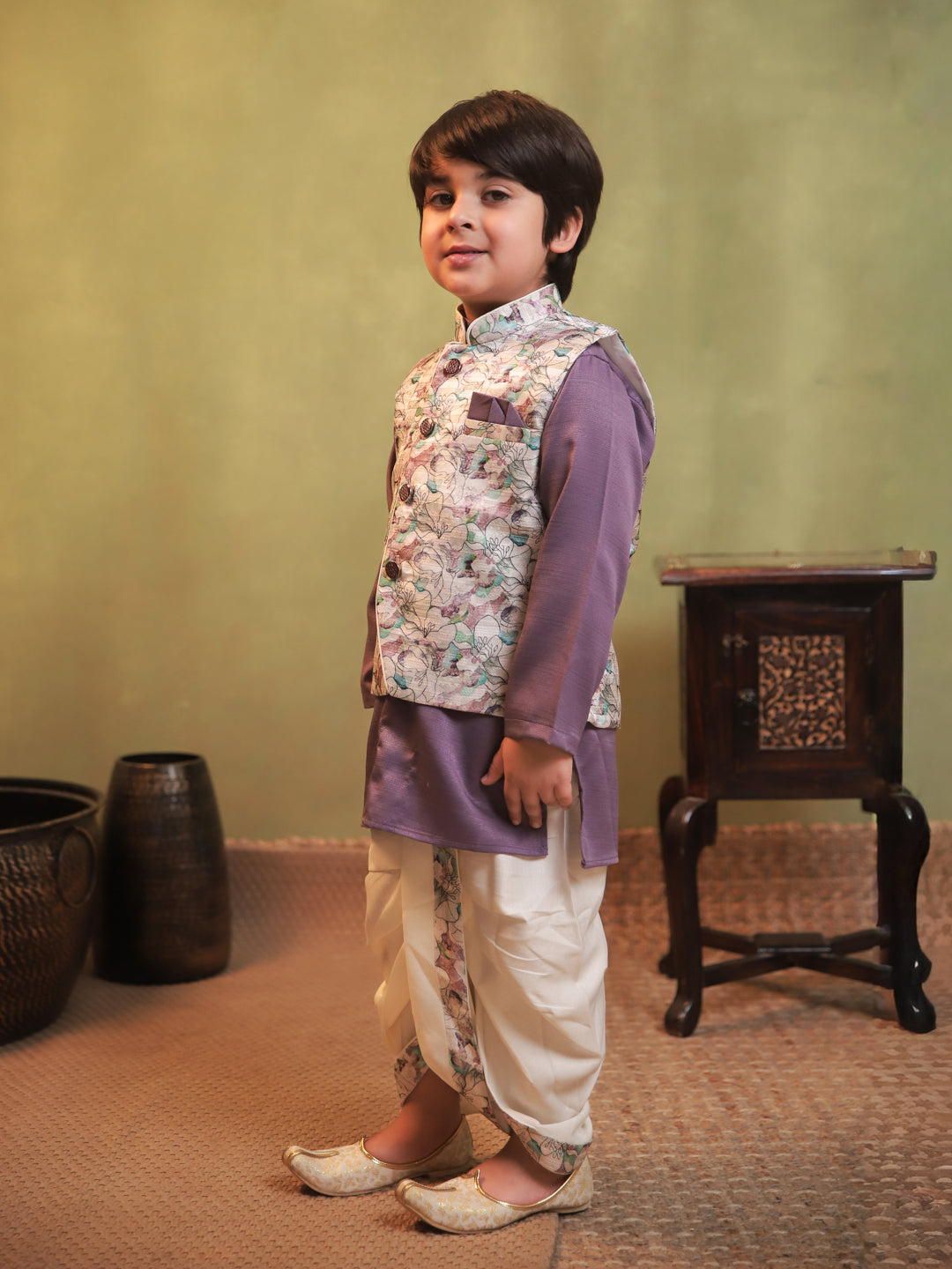 Purple Cotton Full Sleeves Floral Printed Dhoti Set