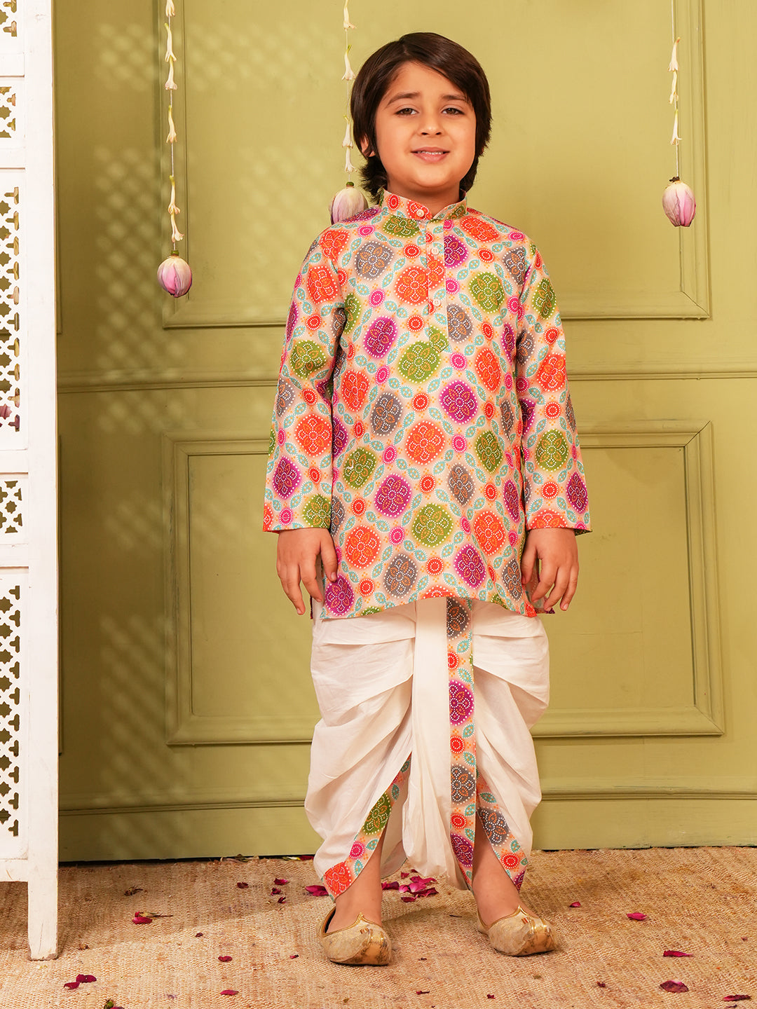 Multi Color Bandhani Print Pure Cotton Full Sleeve Kurta and Dhoti Set For Boys