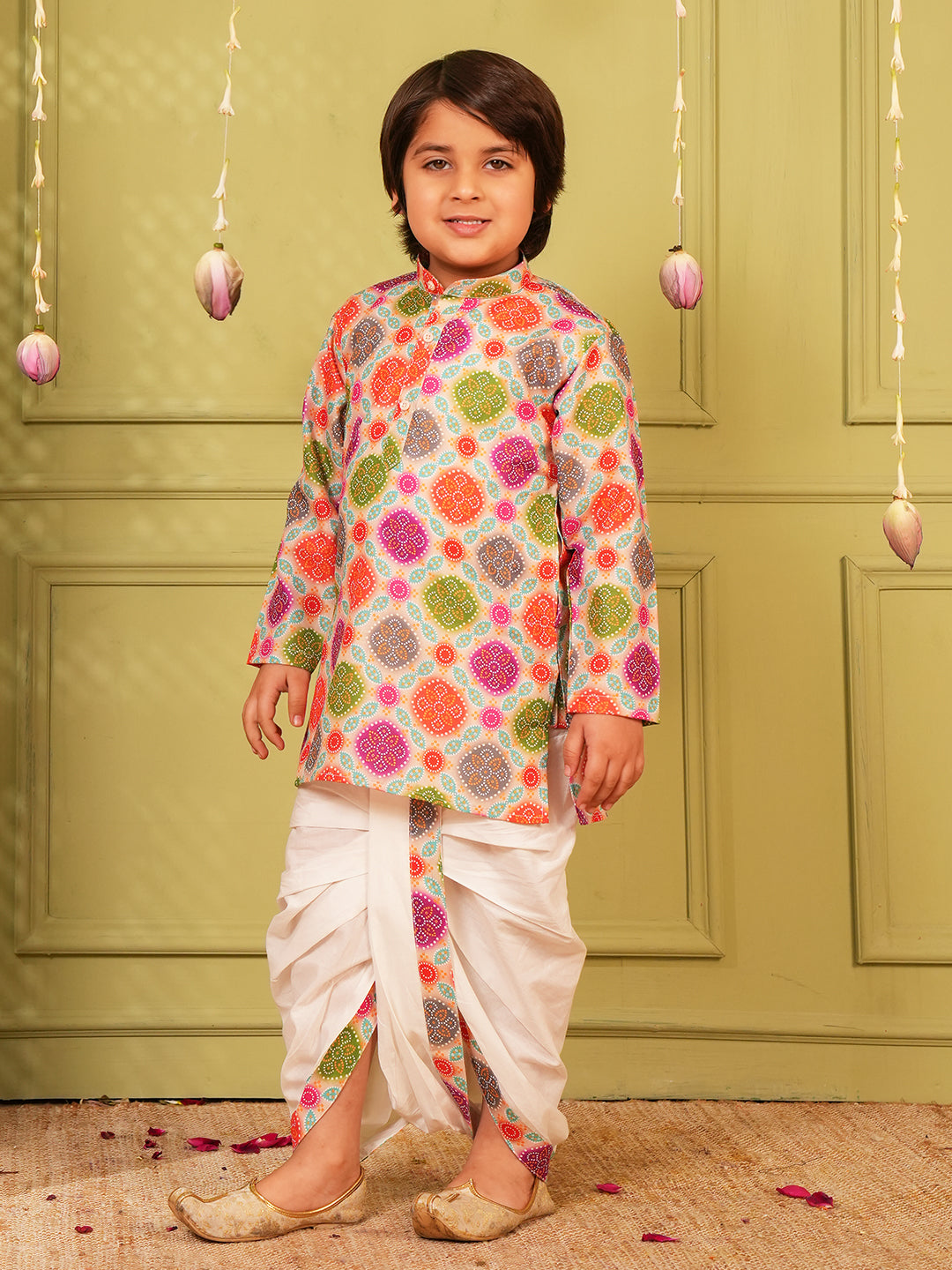 Multi Color Bandhani Print Pure Cotton Full Sleeve Kurta and Dhoti Set For Boys