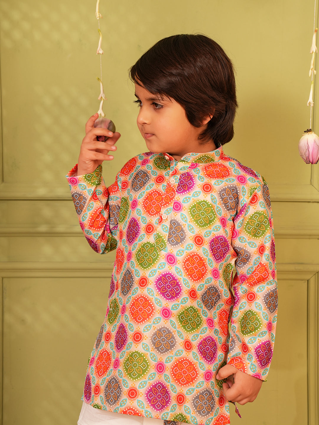 Multi Color Bandhani Print Pure Cotton Full Sleeve Kurta and Dhoti Set For Boys