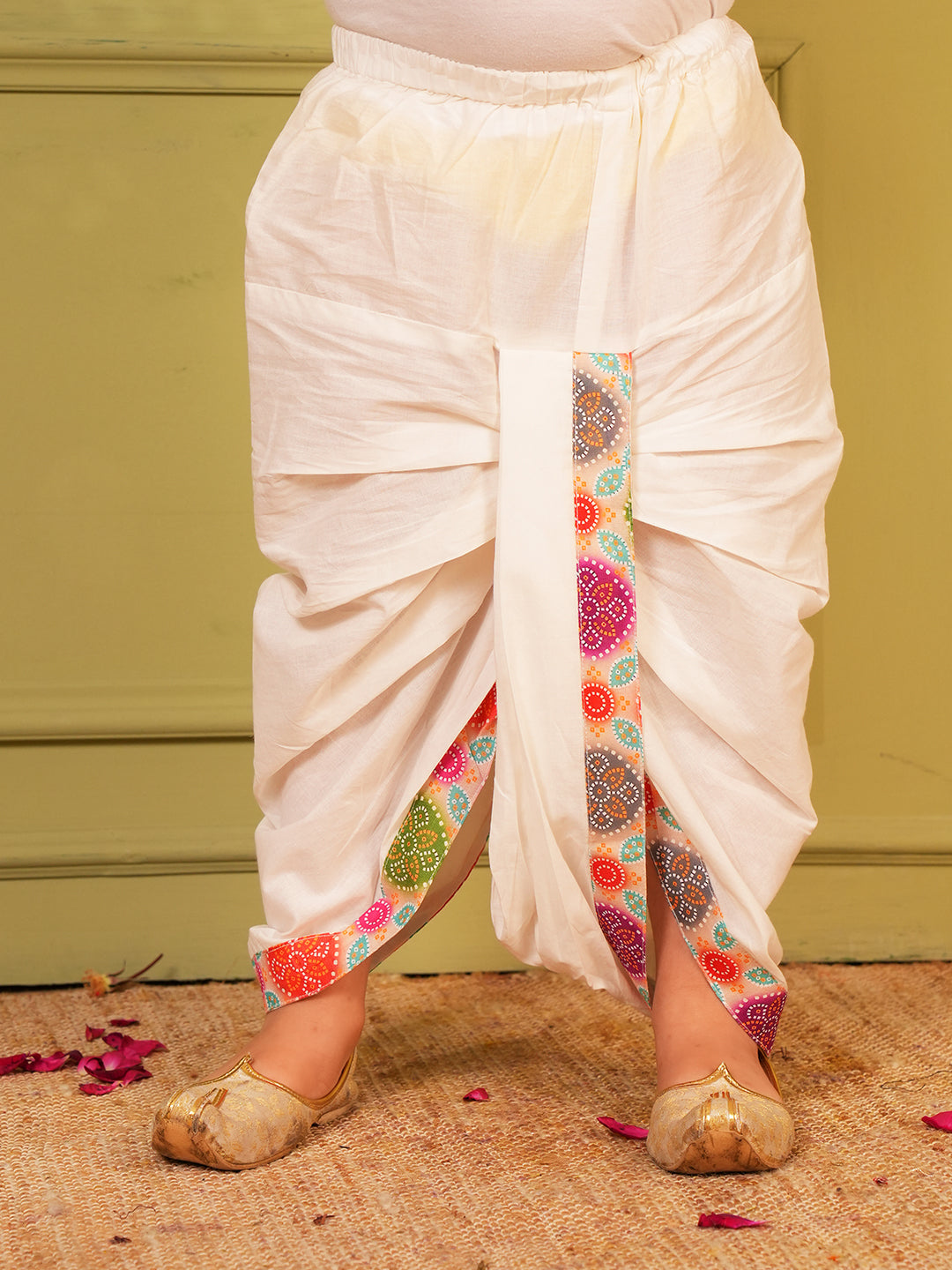 Multi Color Bandhani Print Pure Cotton Full Sleeve Kurta and Dhoti Set For Boys