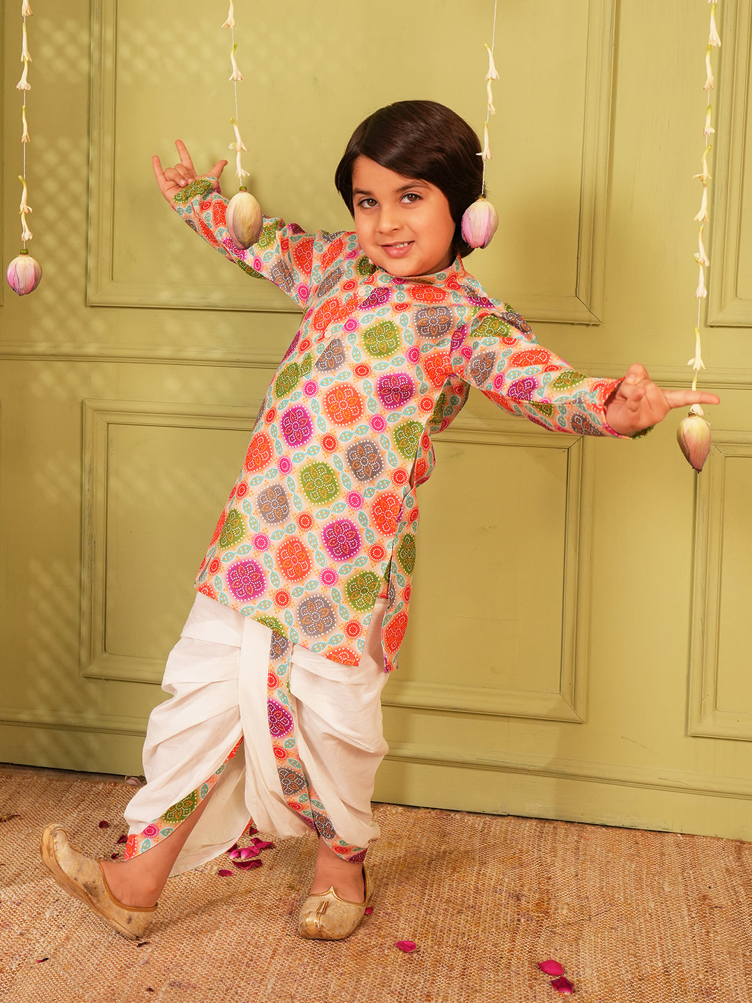 Multi Color Bandhani Print Pure Cotton Full Sleeve Kurta and Dhoti Set For Boys