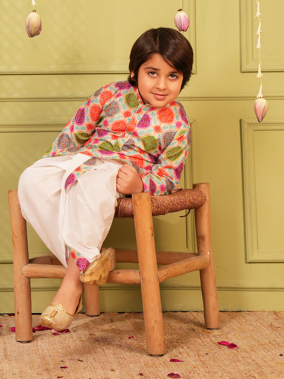 Multi Color Bandhani Print Pure Cotton Full Sleeve Kurta and Dhoti Set For Boys