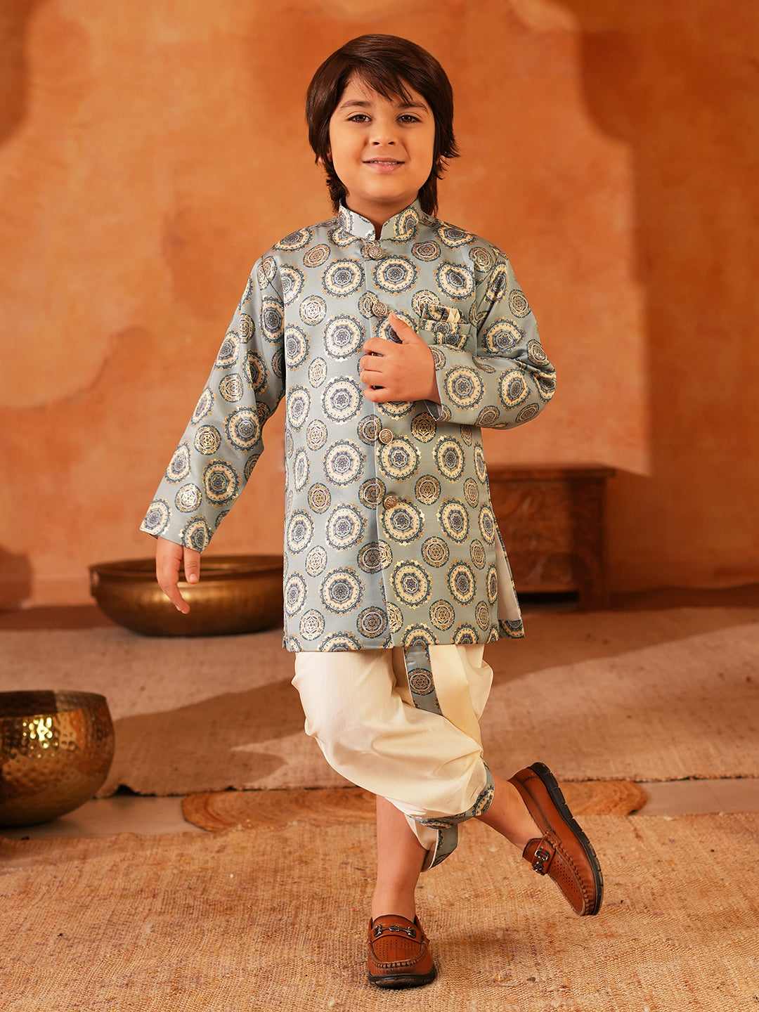 Blue Rich Print Silk Blend Dhoti Set For Boys