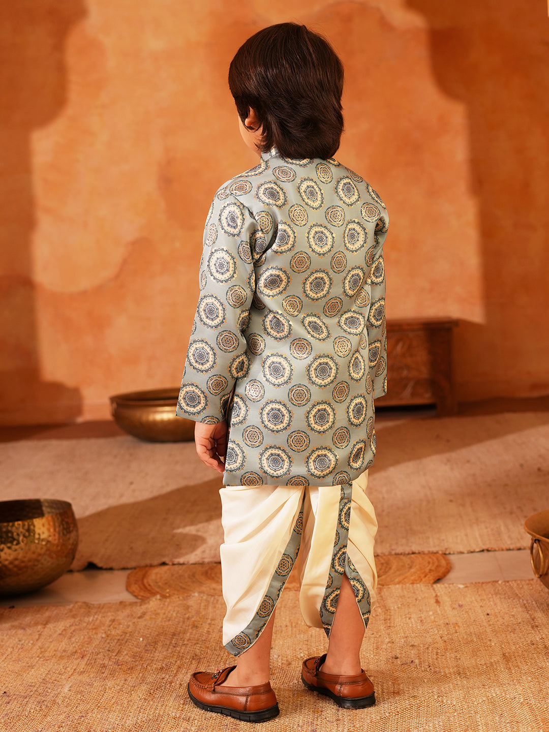 Blue Rich Print Silk Blend Dhoti Set For Boys