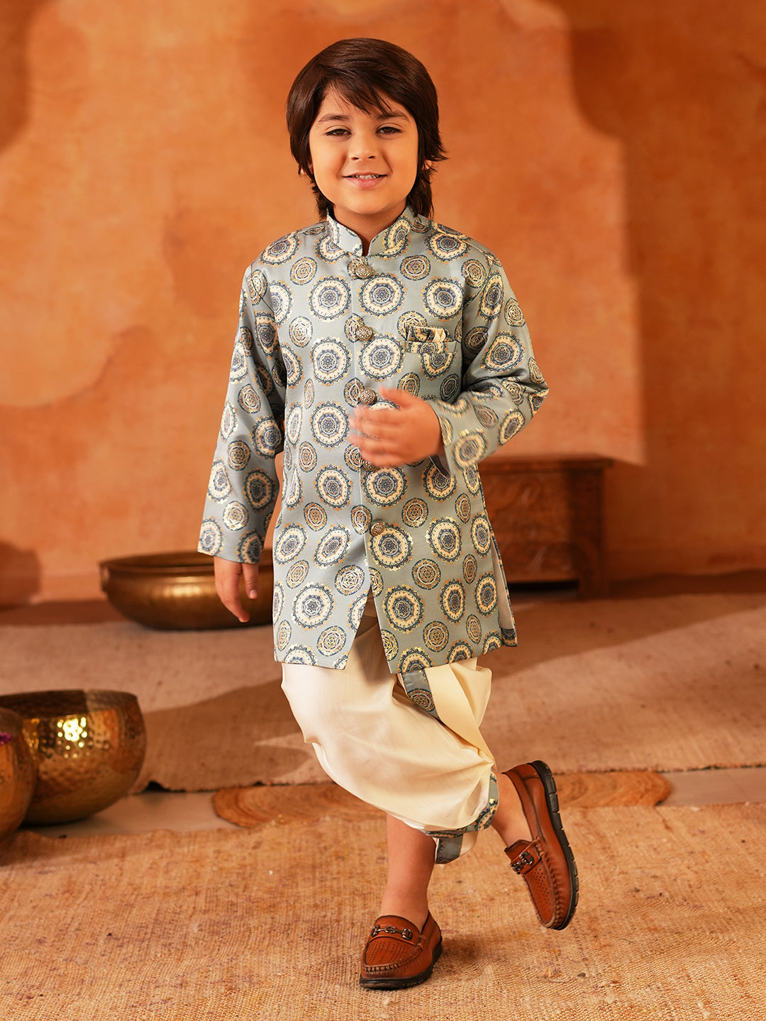 Blue Rich Print Silk Blend Dhoti Set For Boys