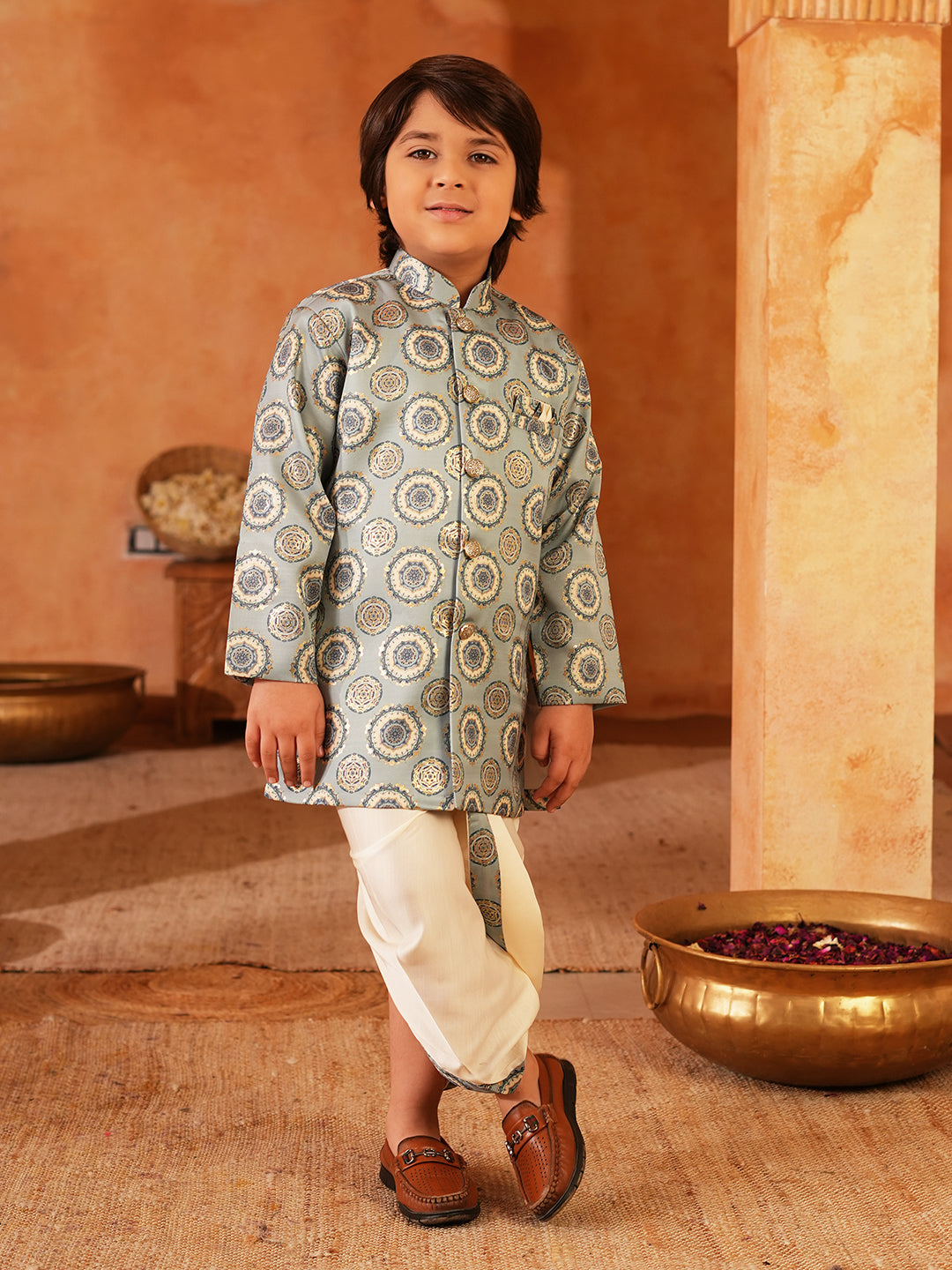 Blue Rich Print Silk Blend Dhoti Set For Boys