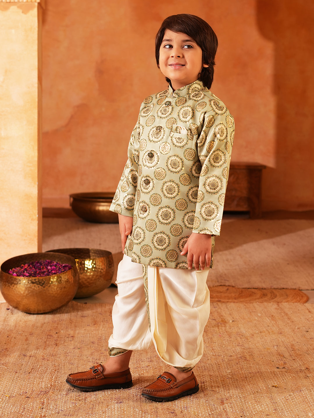 Green Rich Print Silk Blend Dhoti Set For Boys