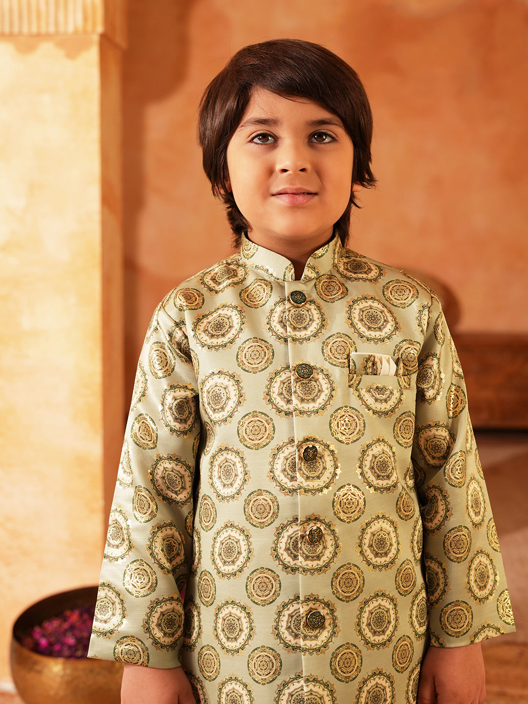 Green Rich Print Silk Blend Dhoti Set For Boys
