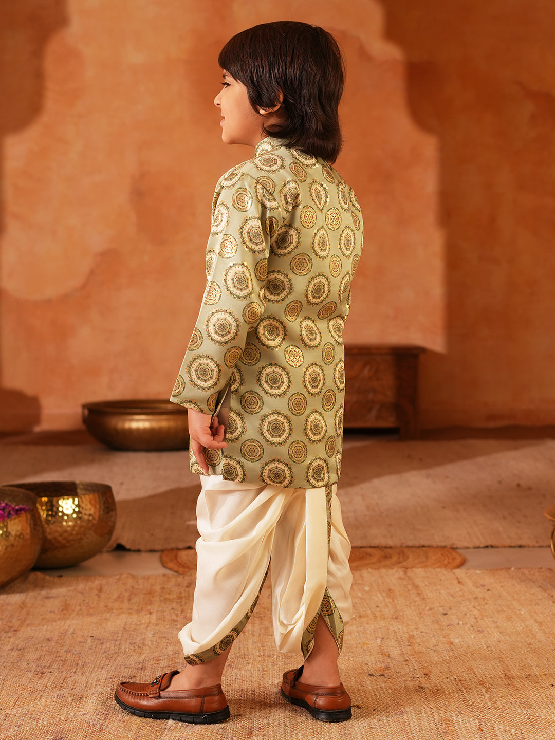 Green Rich Print Silk Blend Dhoti Set For Boys