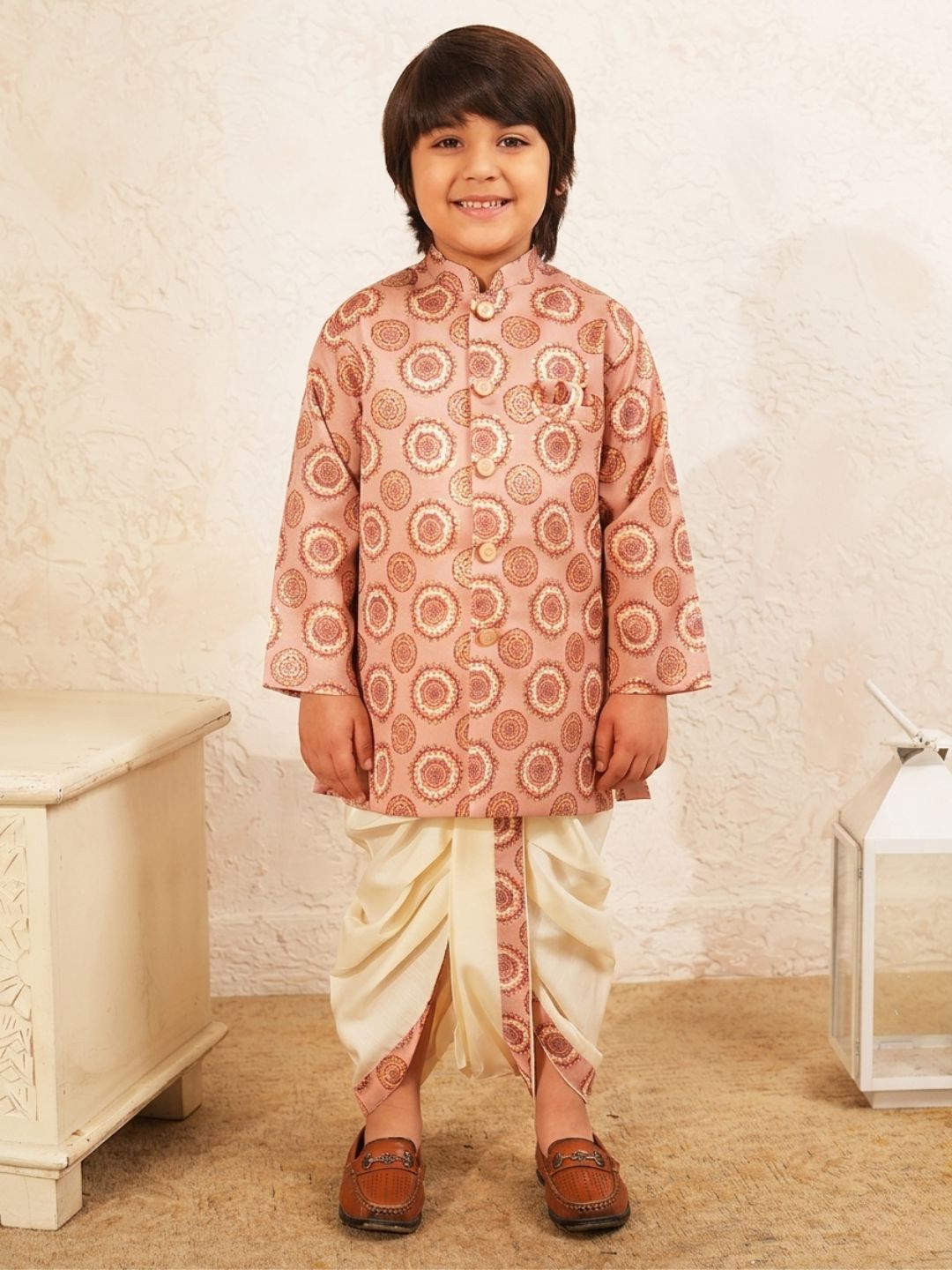 Peach Rich Print Silk Blend Dhoti Set For Boys