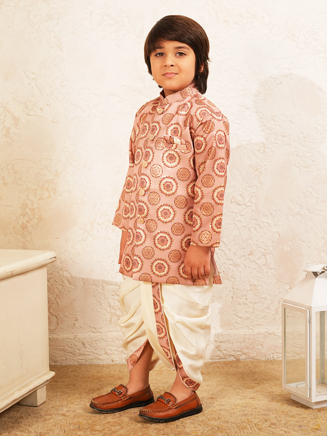 Peach Rich Print Silk Blend Dhoti Set For Boys