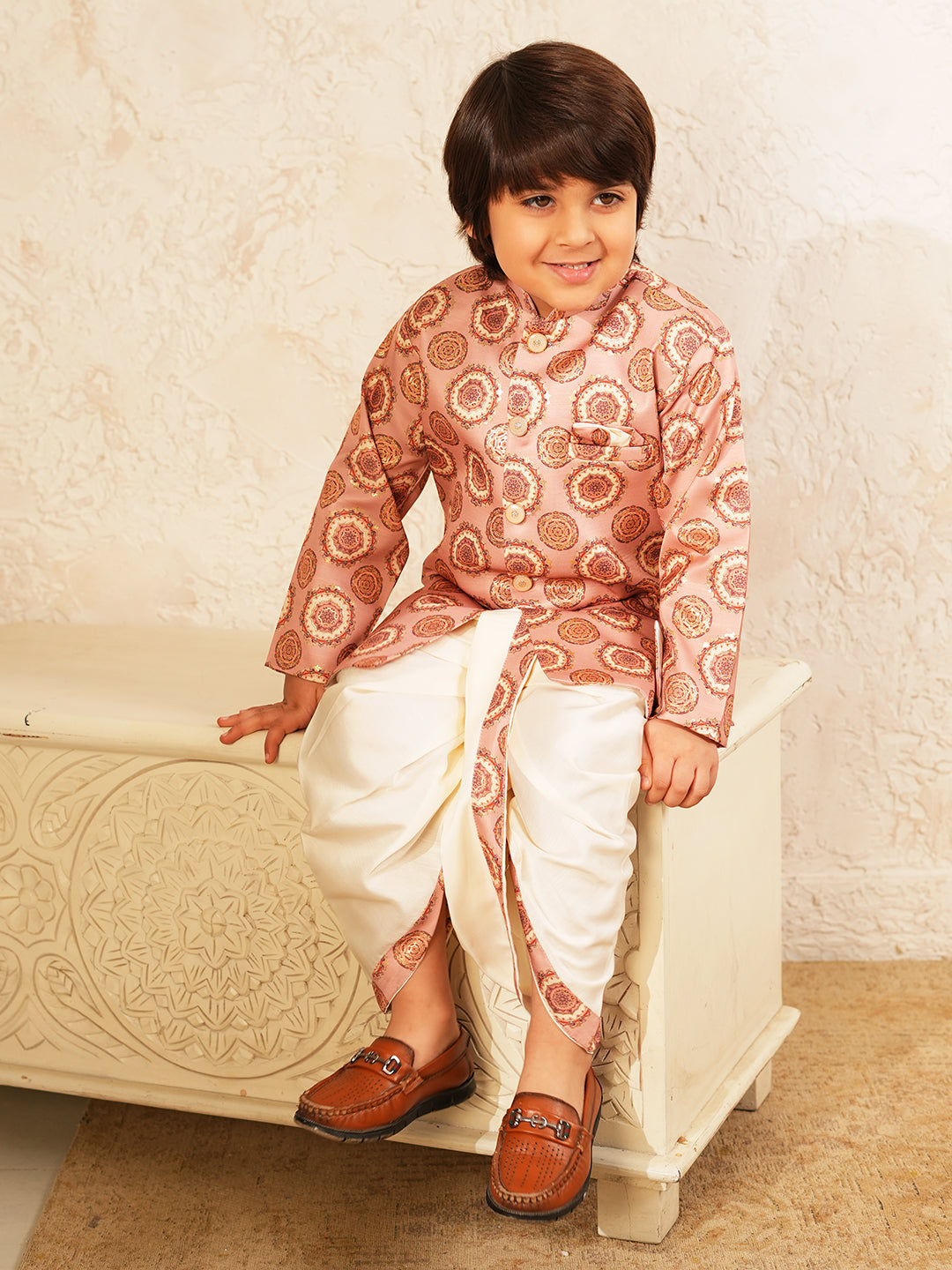Peach Rich Print Silk Blend Dhoti Set For Boys
