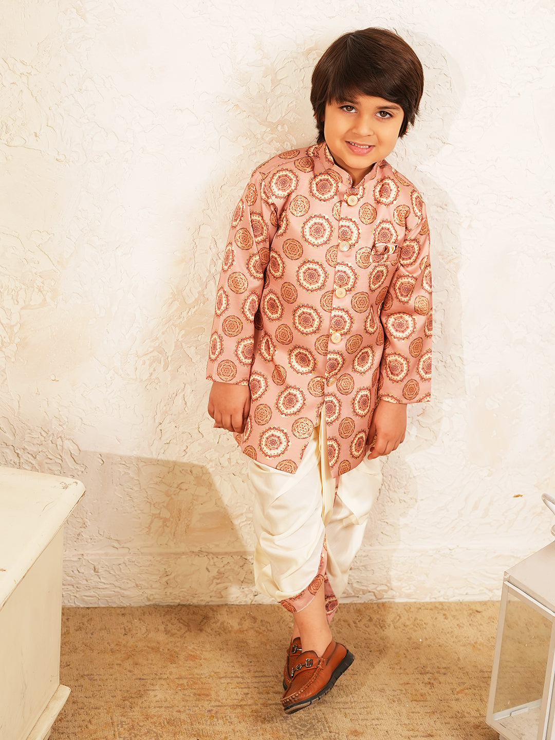 Peach Rich Print Silk Blend Dhoti Set For Boys