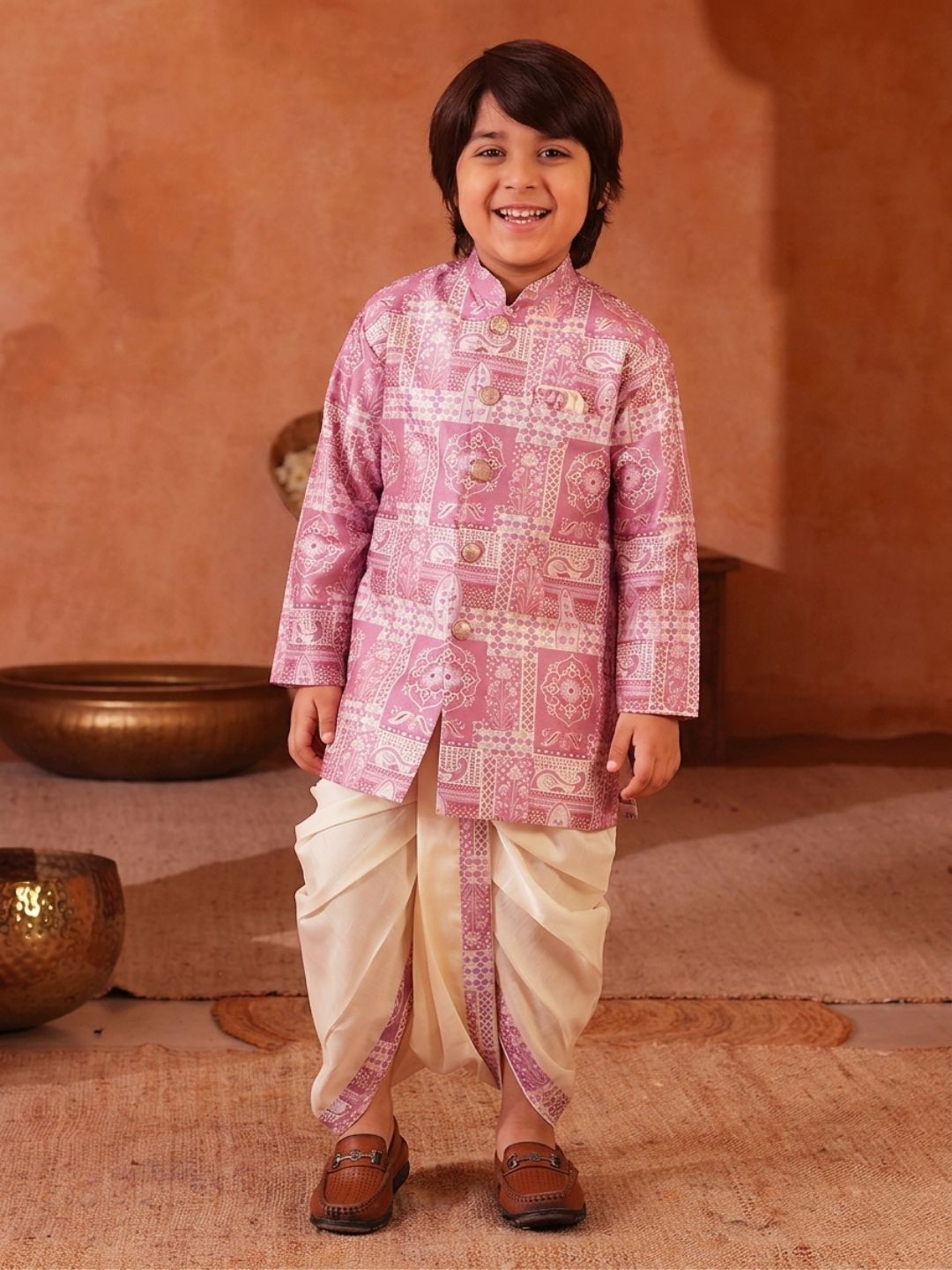 Pink Rich Print Silk Blend Dhoti Set For Boys