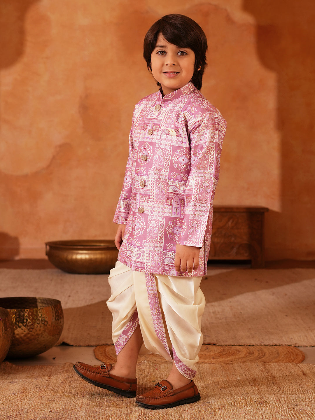 Pink Rich Print Silk Blend Dhoti Set For Boys