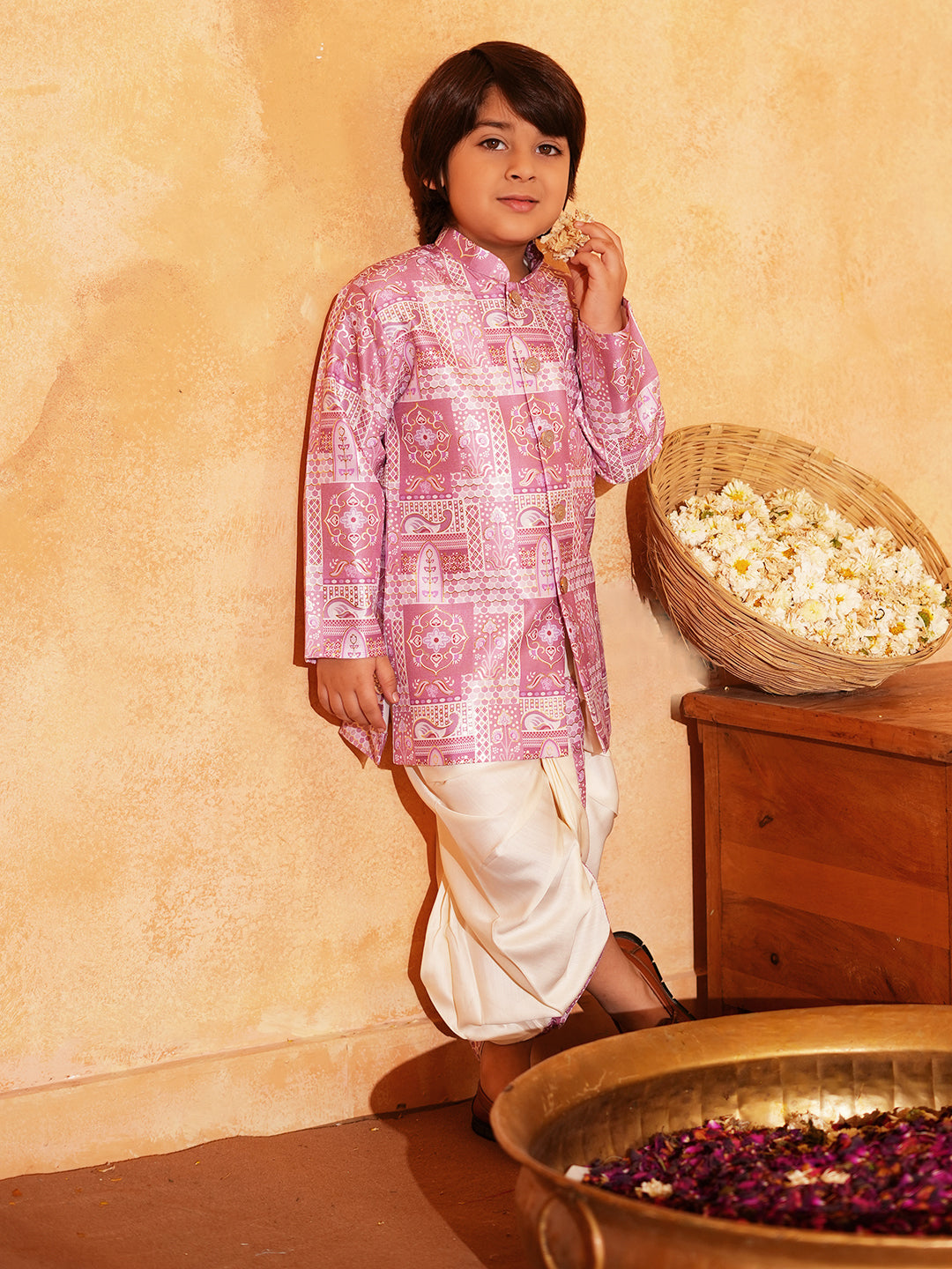Pink Rich Print Silk Blend Dhoti Set For Boys
