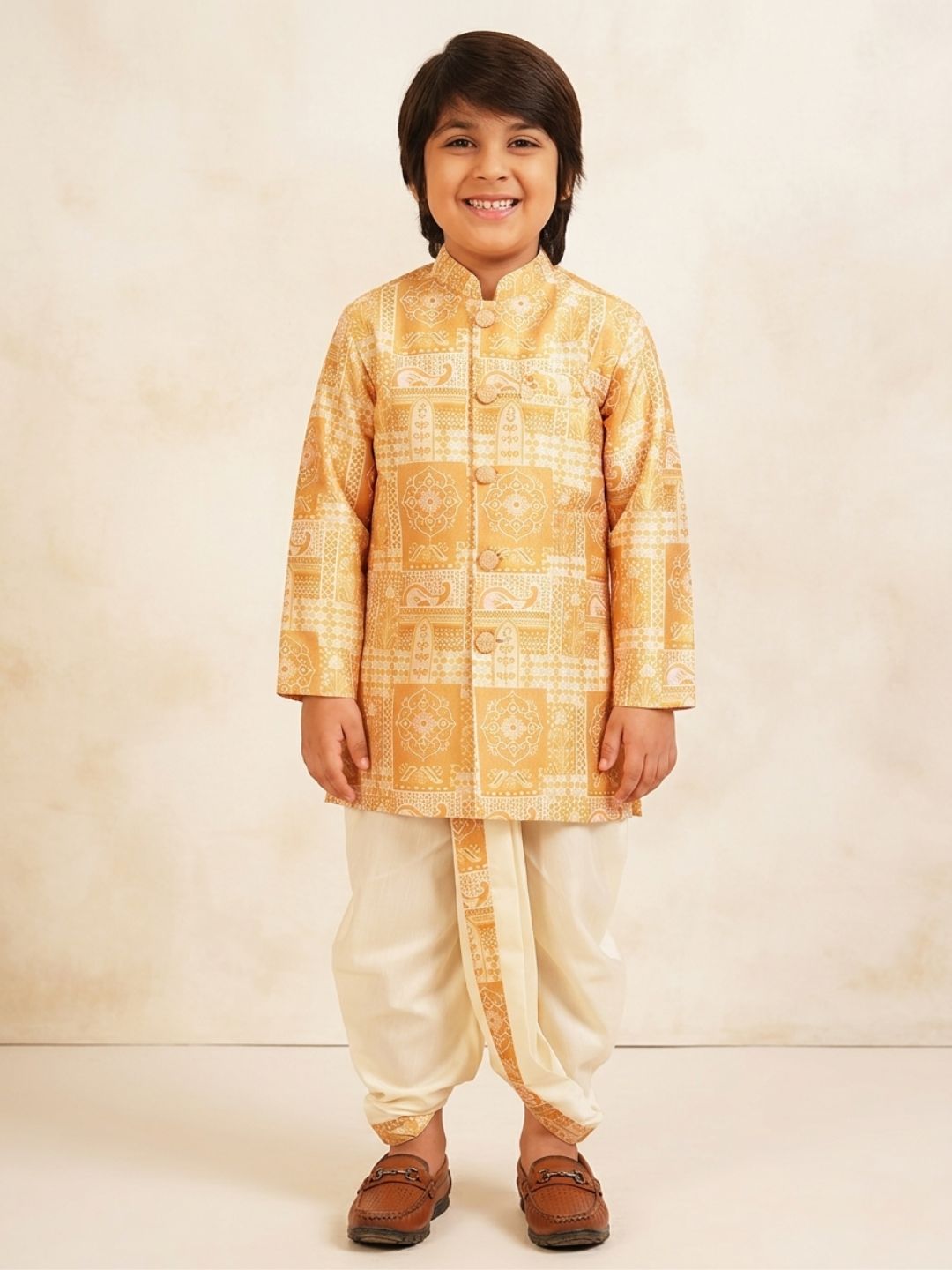 Yellow Rich Print Silk Blend Dhoti Set For Boys