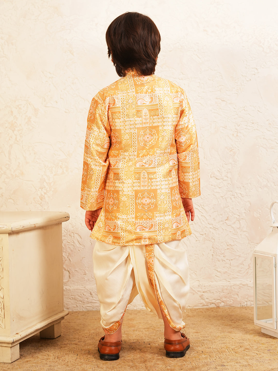 Yellow Rich Print Silk Blend Dhoti Set For Boys
