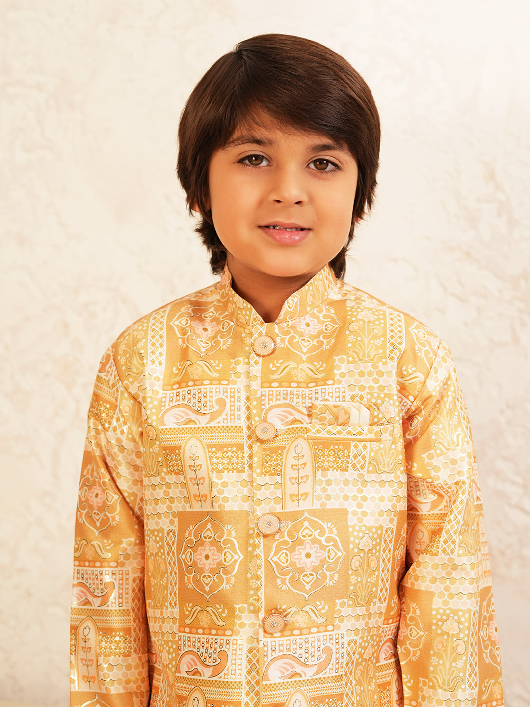 Yellow Rich Print Silk Blend Dhoti Set For Boys