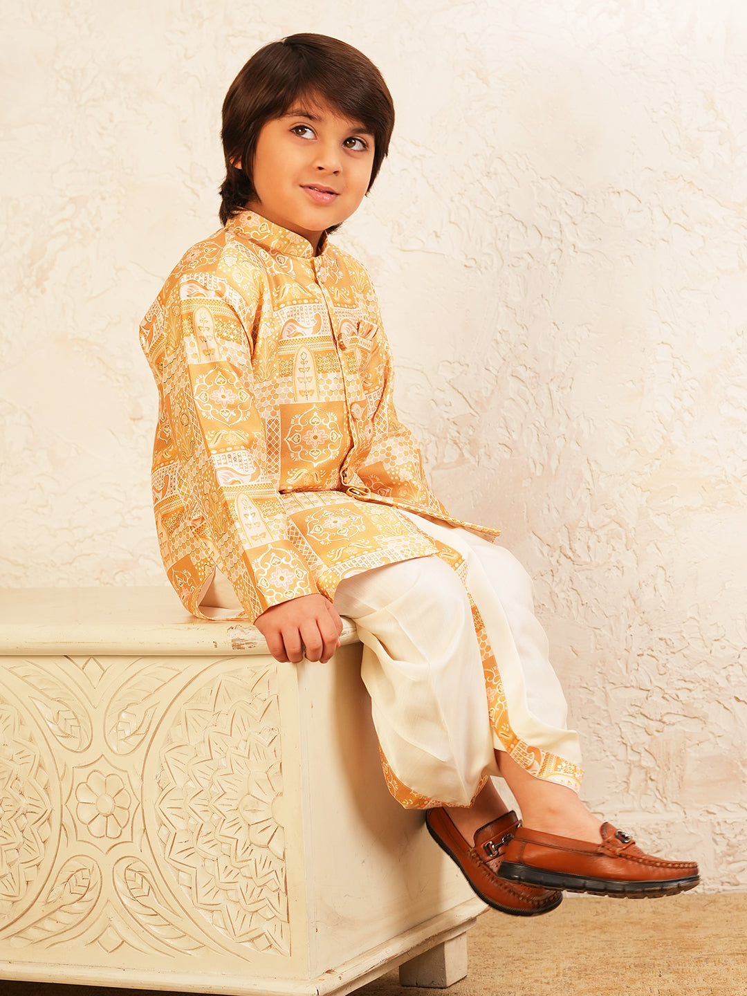 Yellow Rich Print Silk Blend Dhoti Set For Boys