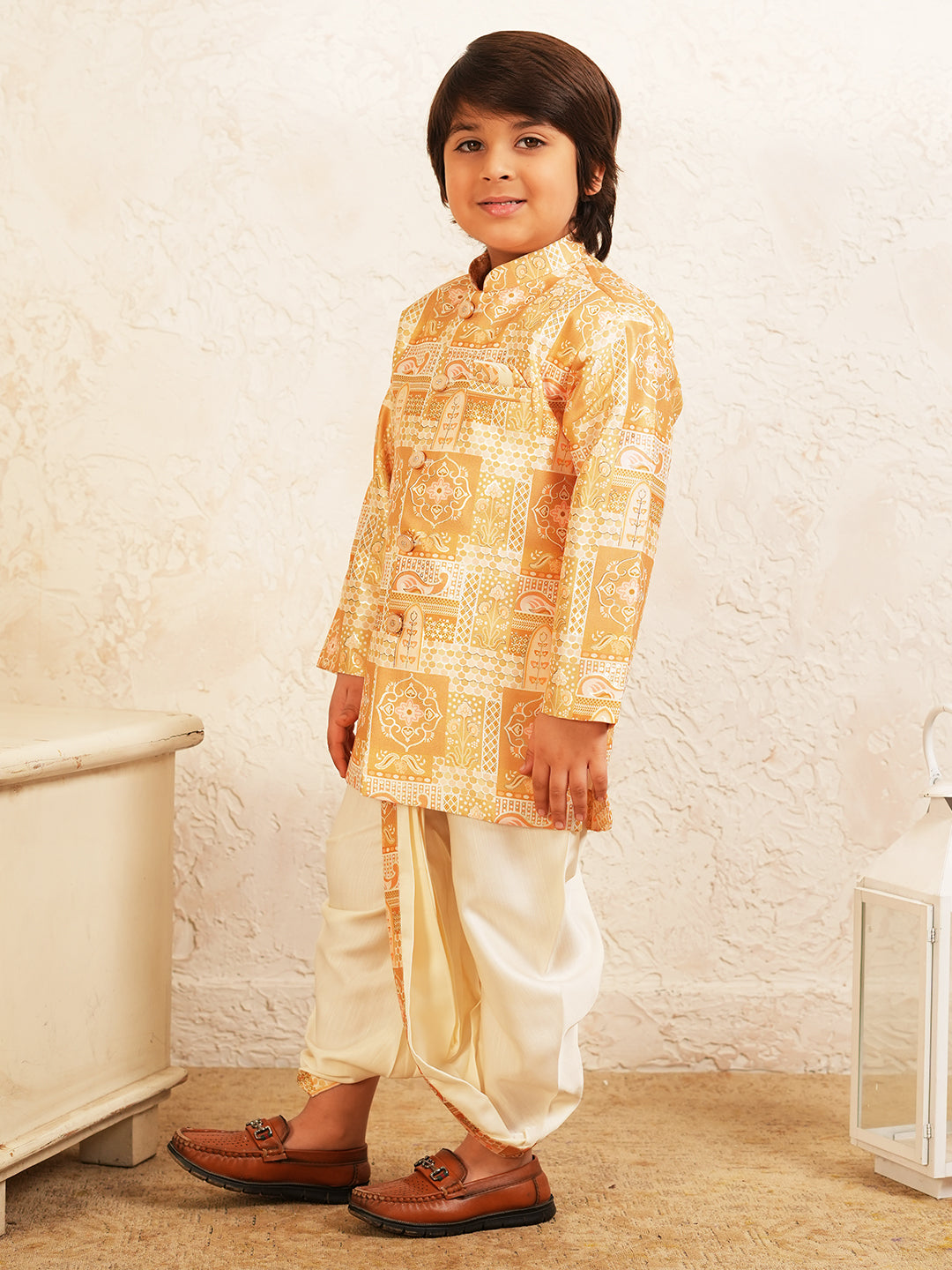Yellow Rich Print Silk Blend Dhoti Set For Boys