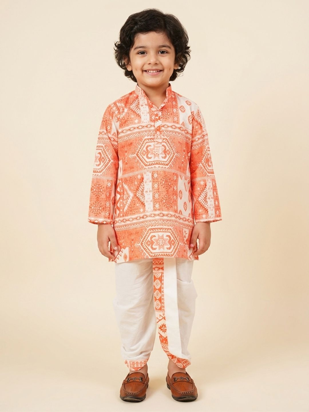 AJ Dezines Orange Rich Print Silk Blend Kurta With Dhoti Set For Boys