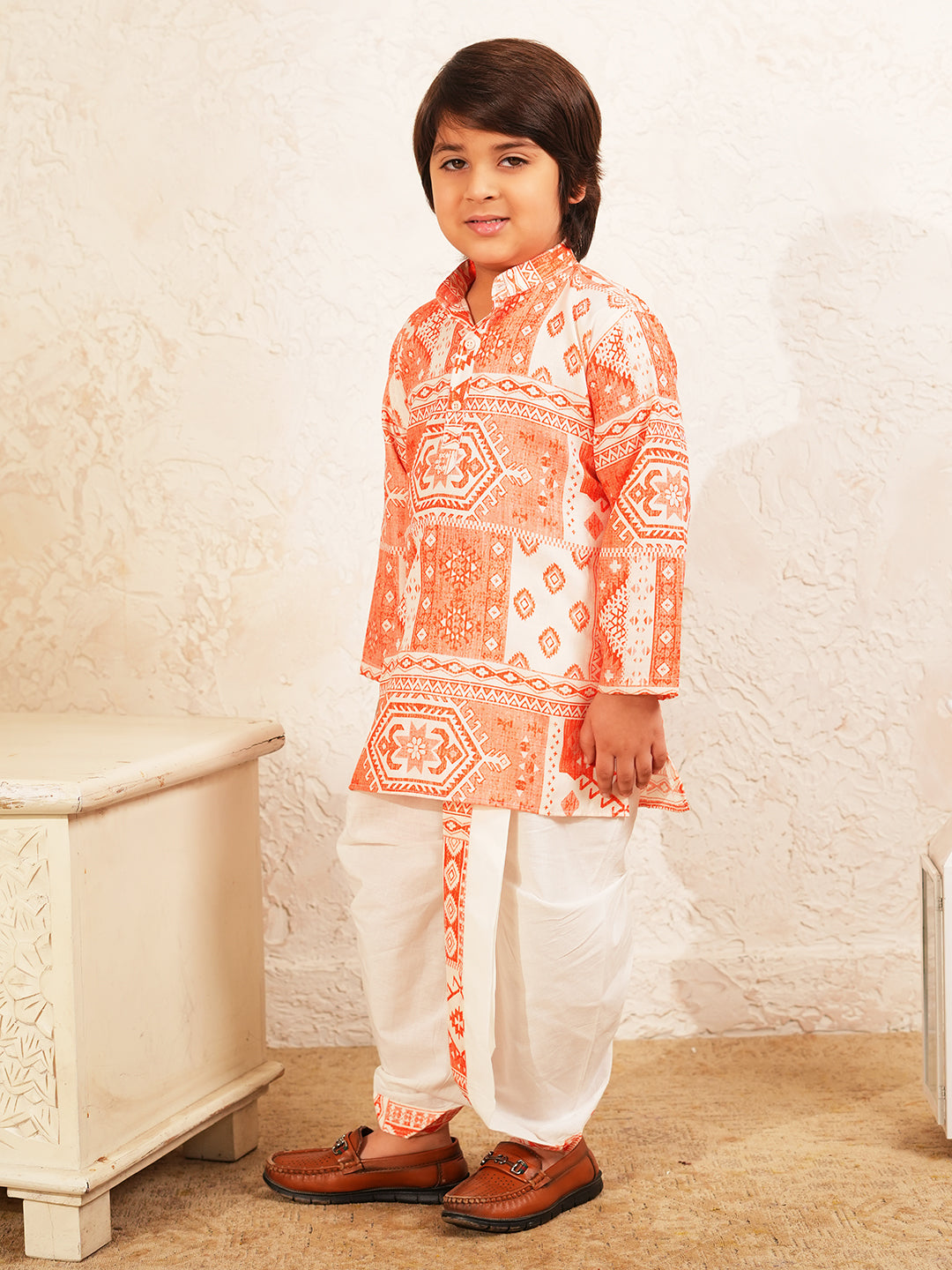 AJ Dezines Orange Rich Print Silk Blend Kurta With Dhoti Set For Boys