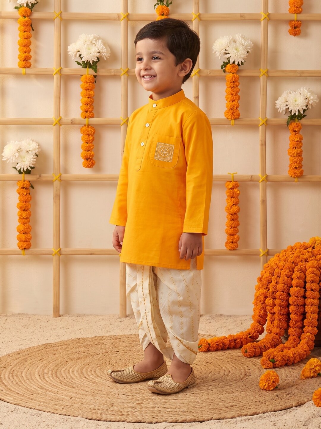 AJ Dezines Mustard Pocket Embroidery Pure Cotton Dhoti Set For Boys