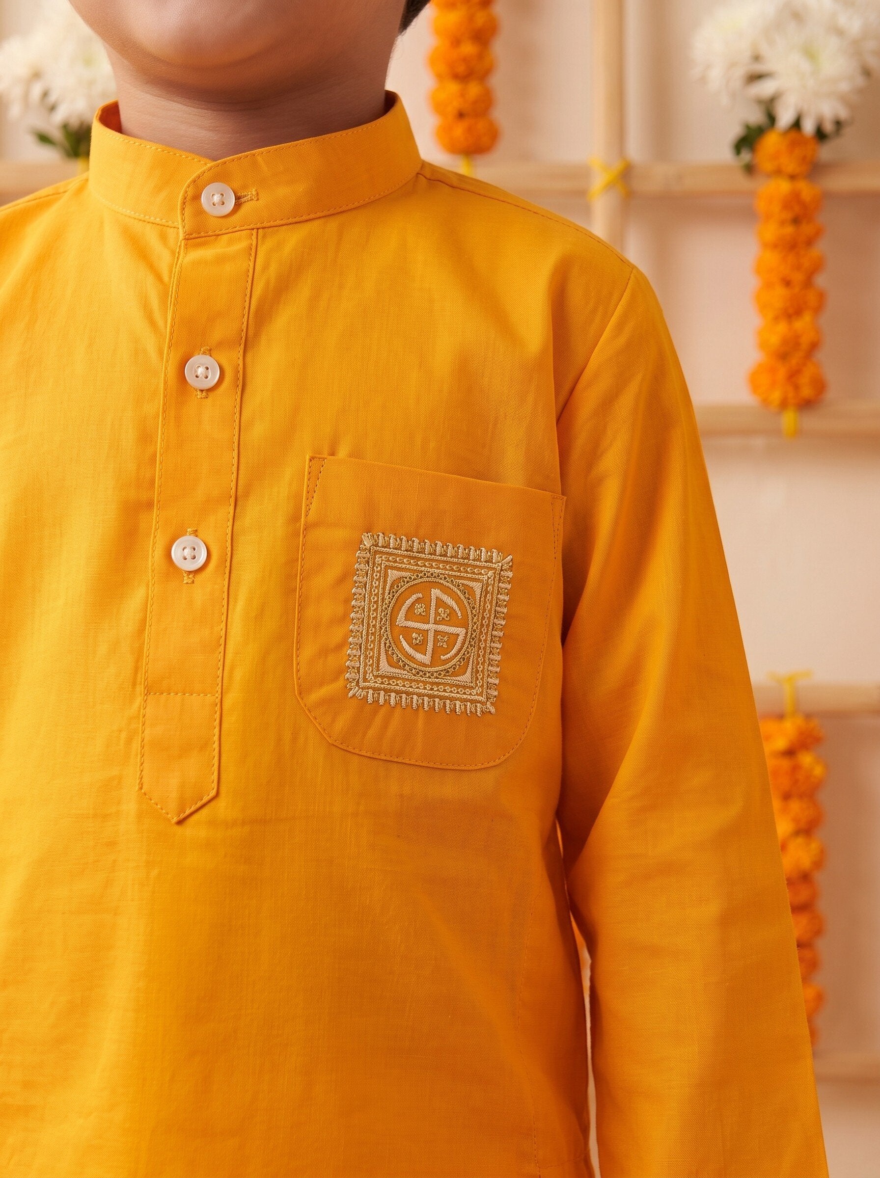 AJ Dezines Mustard Pocket Embroidery Pure Cotton Dhoti Set For Boys