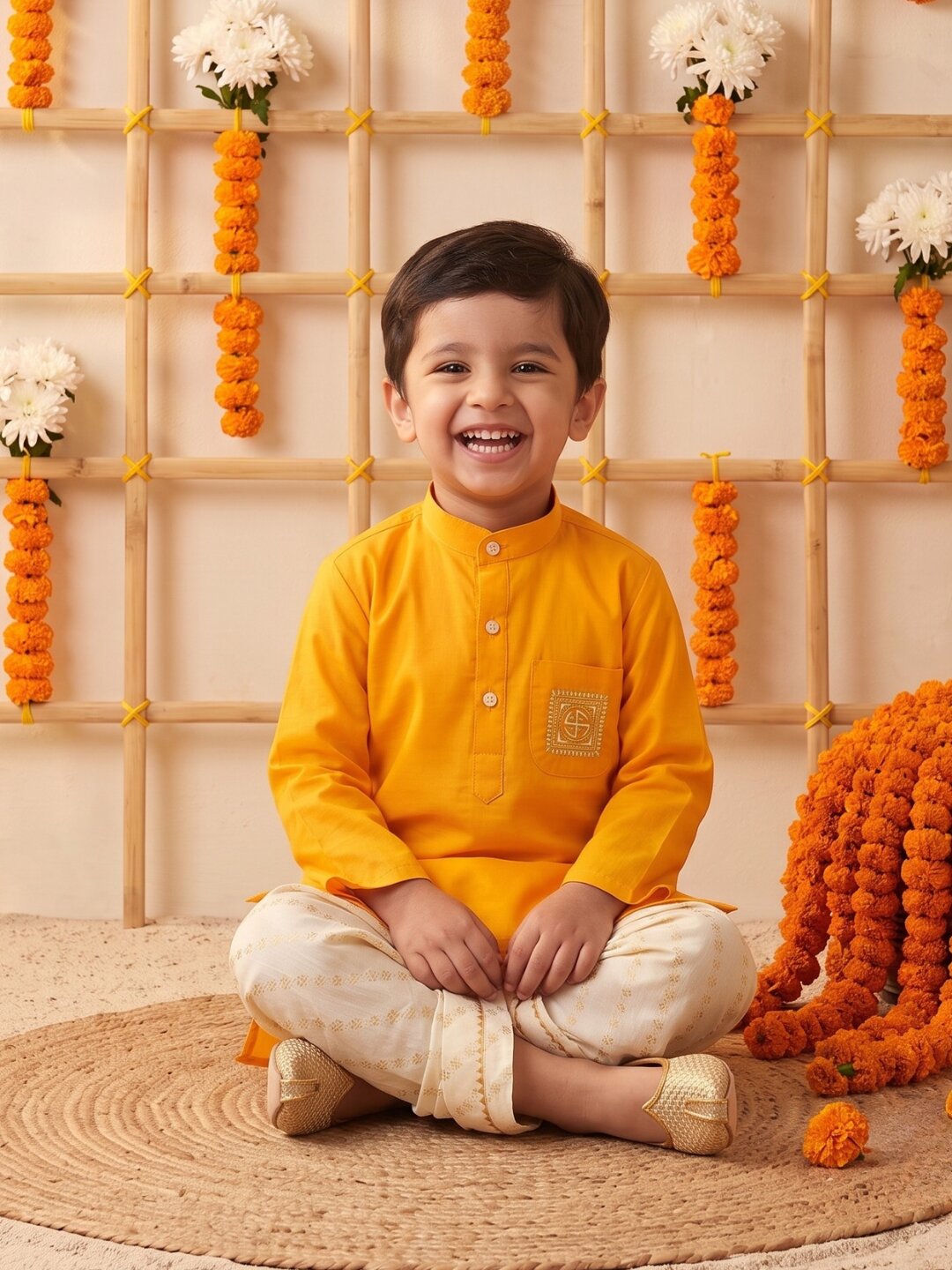 AJ Dezines Mustard Pocket Embroidery Pure Cotton Dhoti Set For Boys