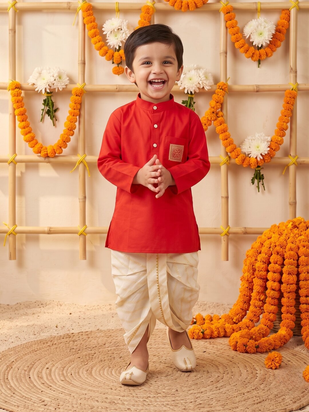AJ Dezines Red Pocket Embroidery Pure Cotton Dhoti Set For Boys