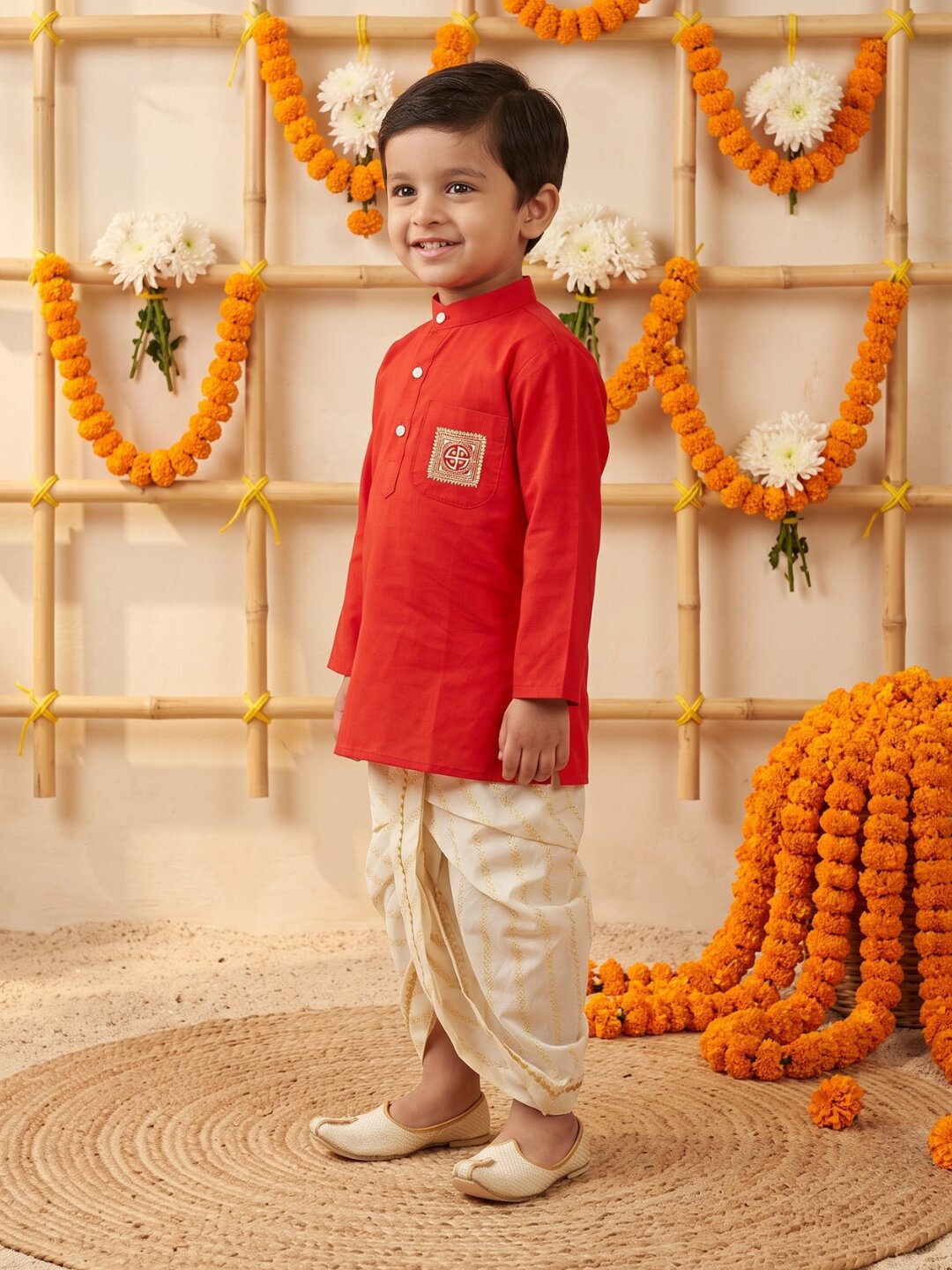 AJ Dezines Red Pocket Embroidery Pure Cotton Dhoti Set For Boys