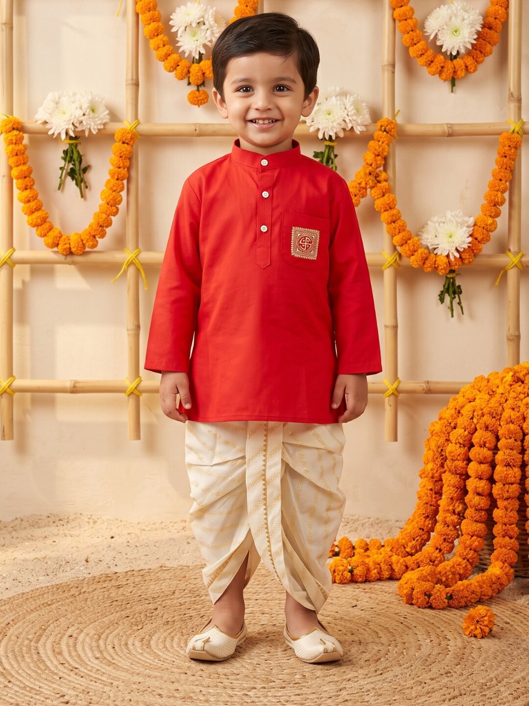 AJ Dezines Red Pocket Embroidery Pure Cotton Dhoti Set For Boys