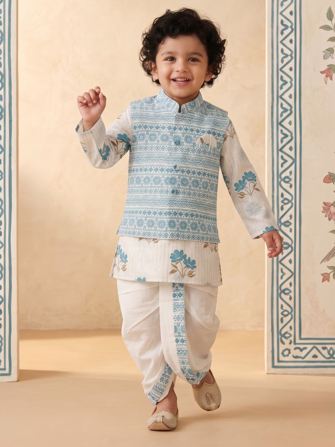 Blue Ethnic Floral Pure Cotton Dhoti Set For Boy's