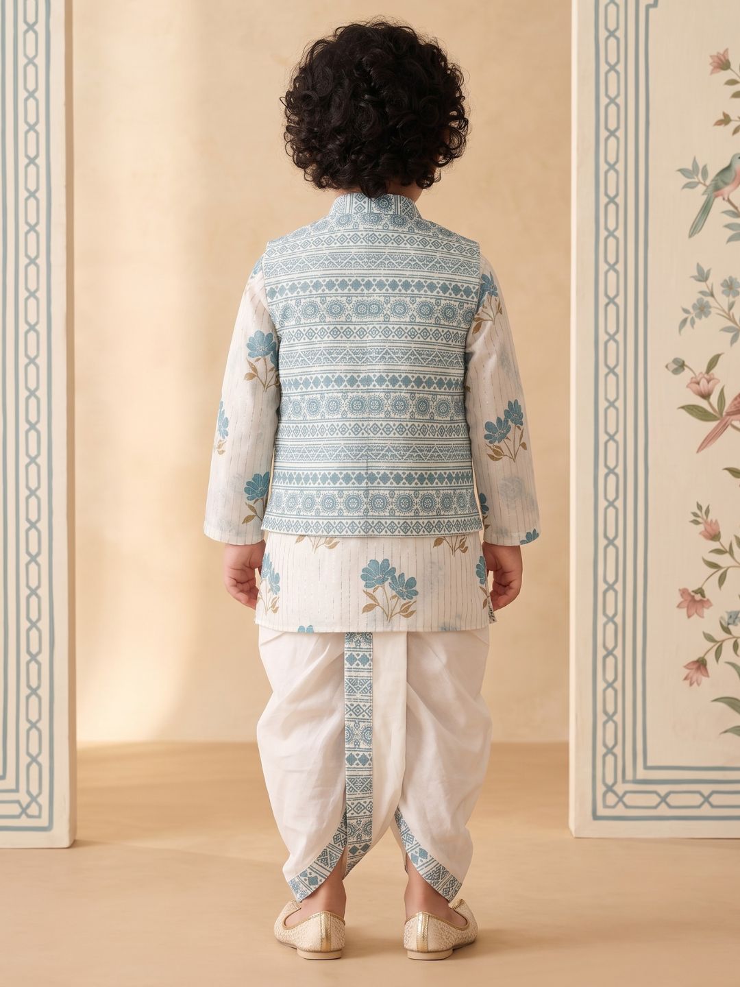 Blue Ethnic Floral Pure Cotton Dhoti Set For Boy's