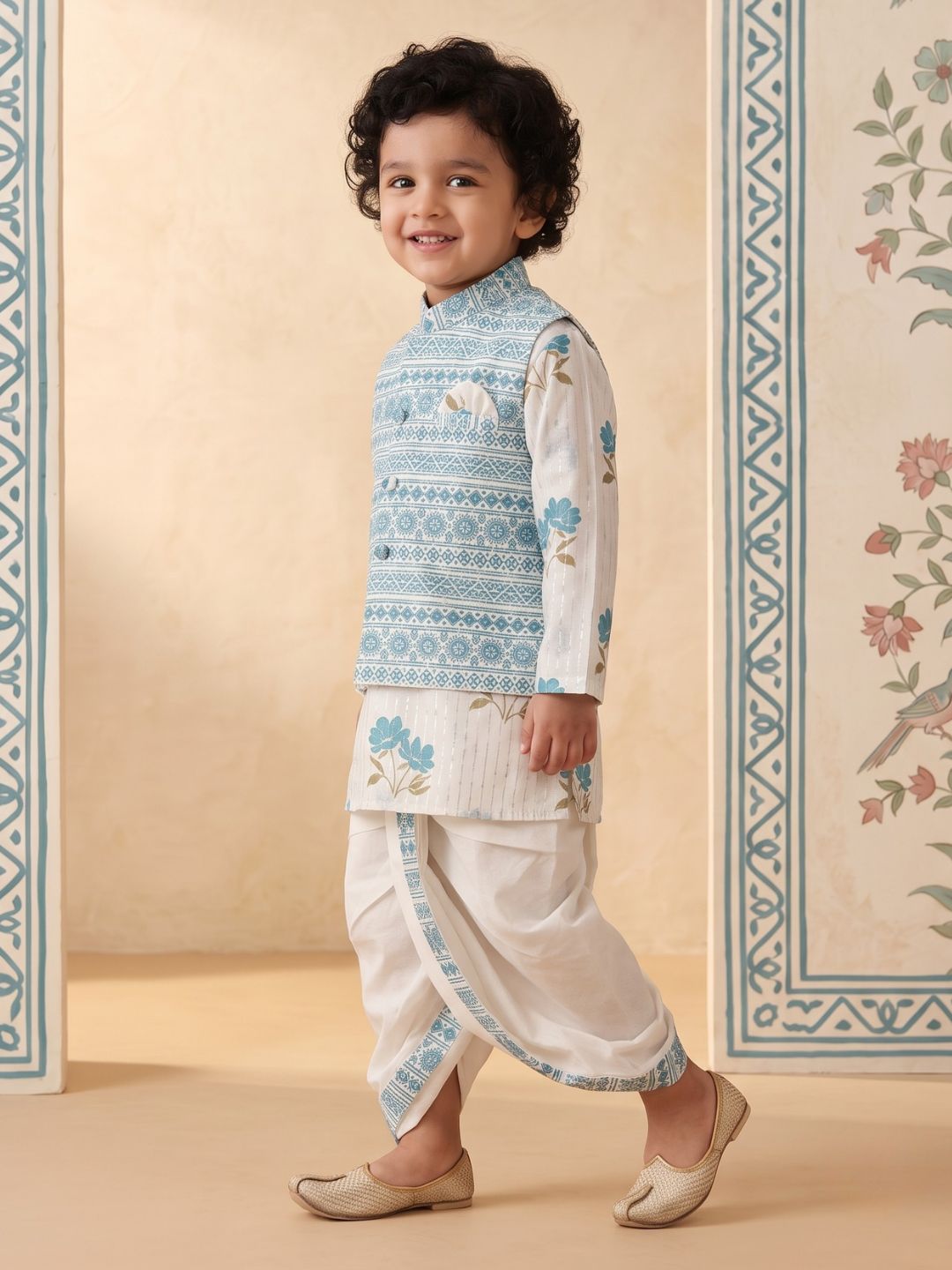 Blue Ethnic Floral Pure Cotton Dhoti Set For Boy's