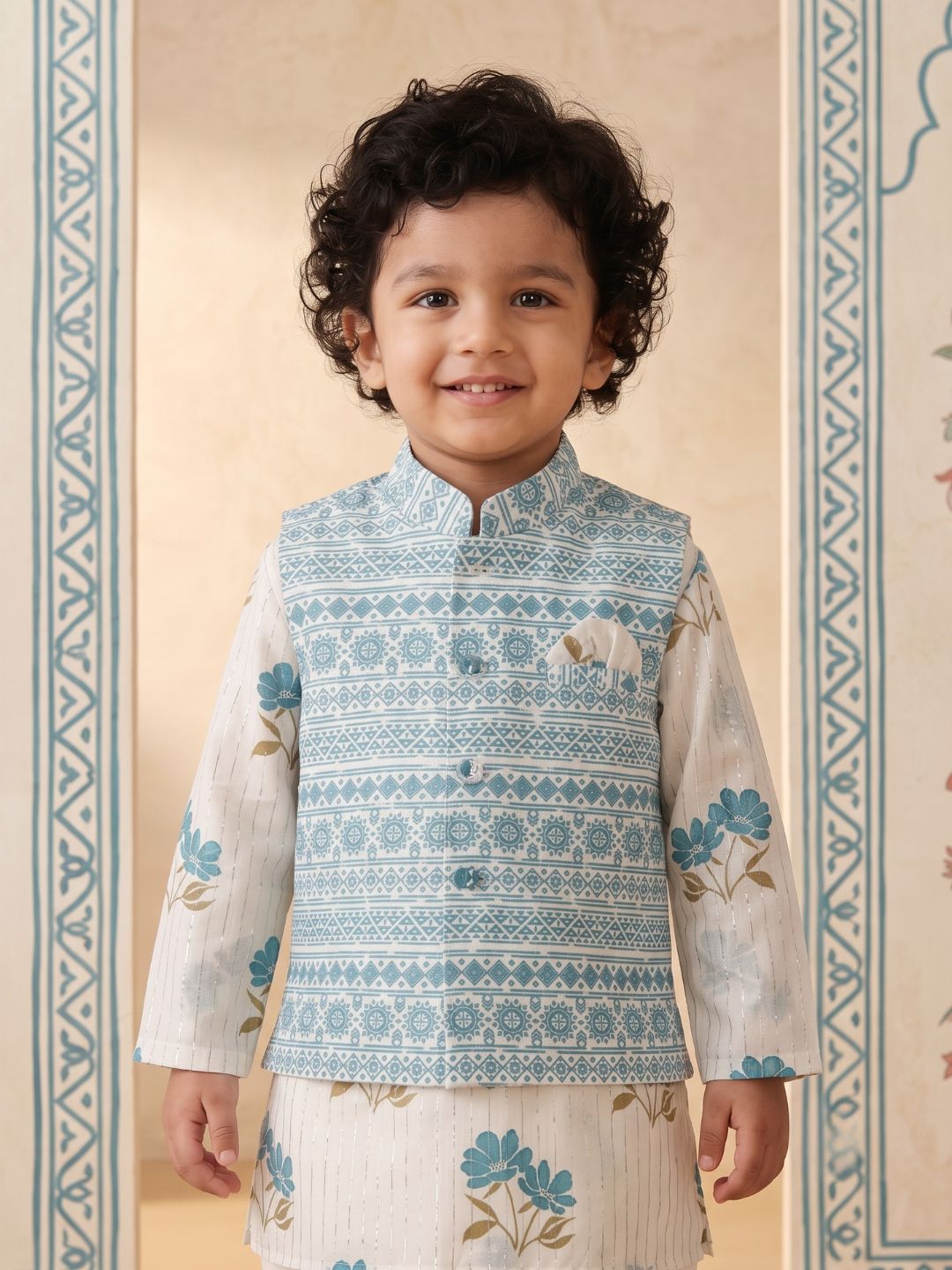 Blue Ethnic Floral Pure Cotton Dhoti Set For Boy's