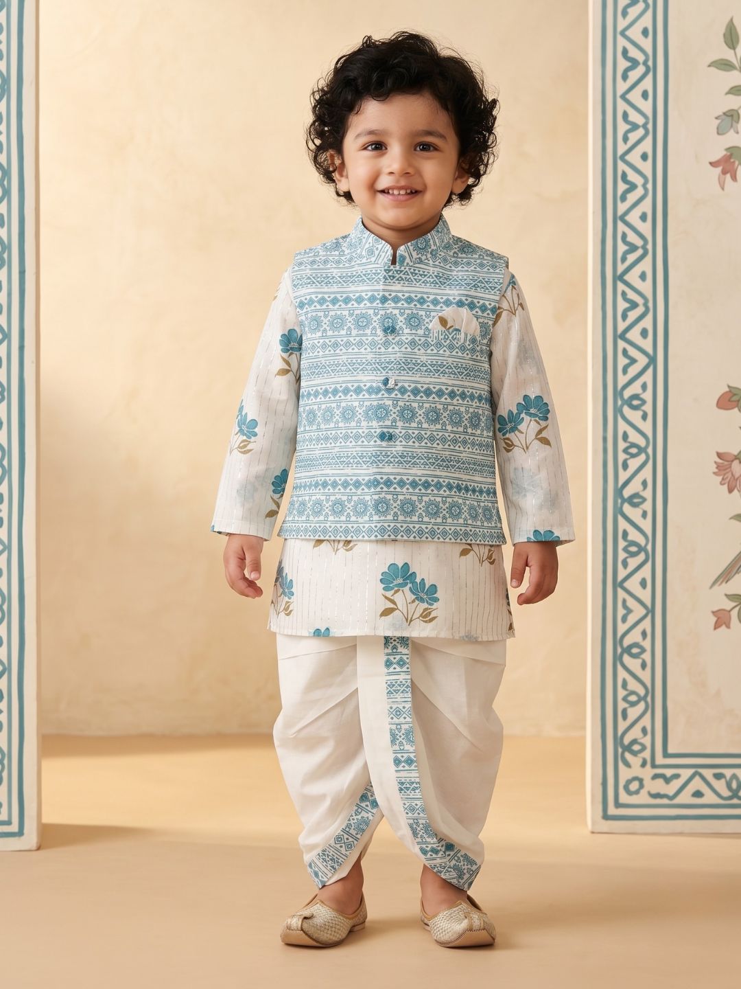 Blue Ethnic Floral Pure Cotton Dhoti Set For Boy's